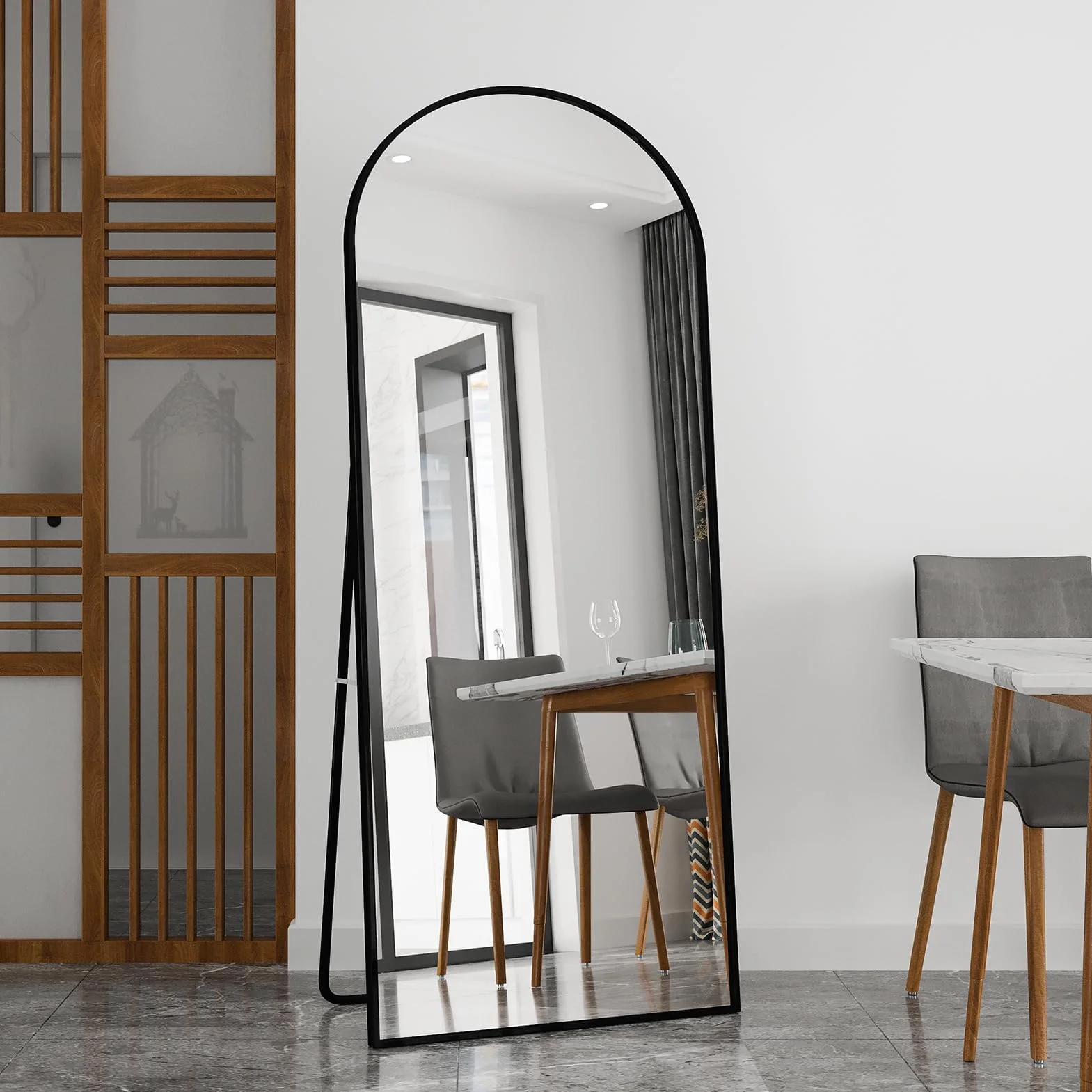 Lustro o pełnej długości, 180 x 80 cm, łukowate lustro Shpe, wolnostojące, duże lustro stojące ze stopu aluminium, do garderoby, przedpokoju, sypialni (czarne)