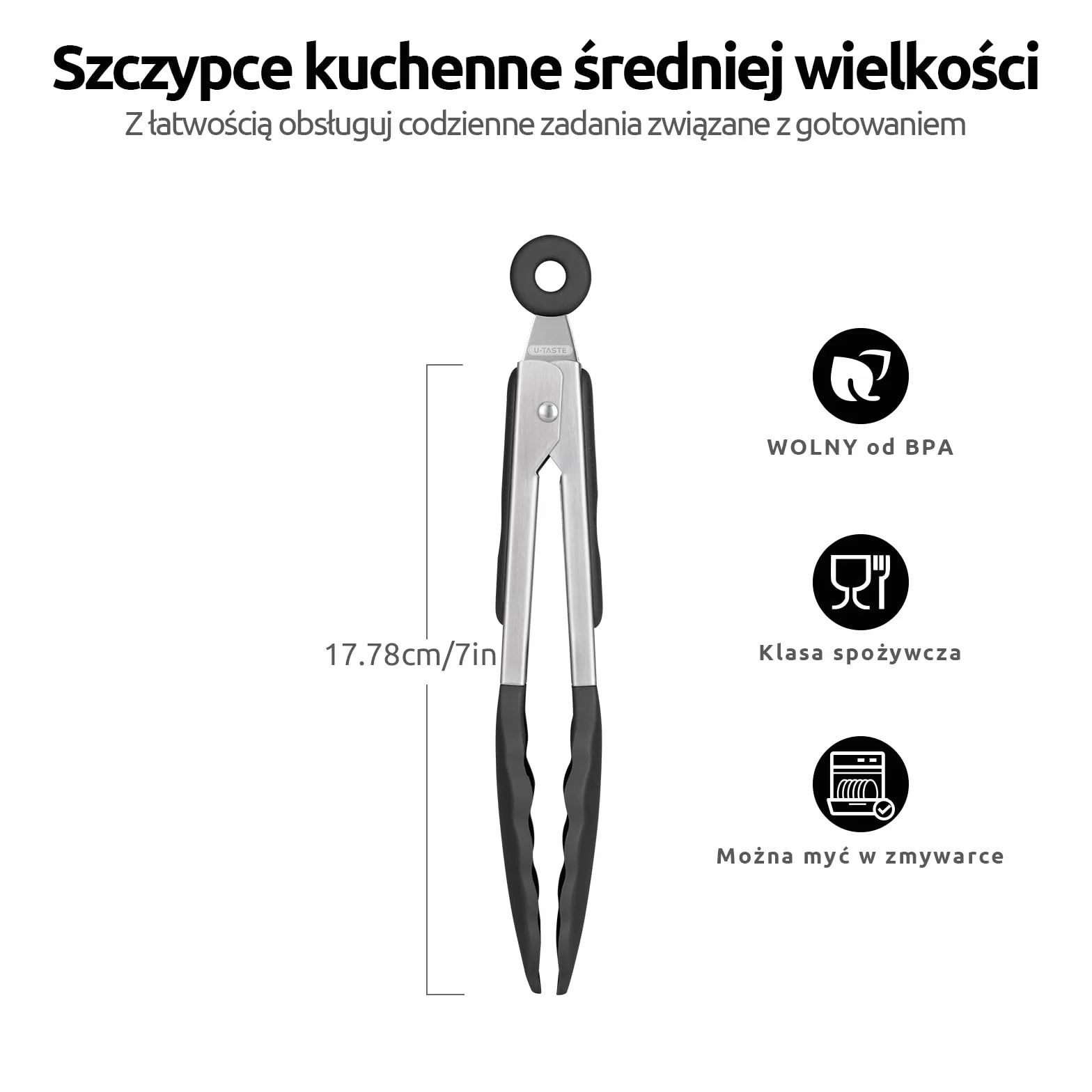 U-Taste Szczypce kuchenne silikonowe 18cm: żaroodporne do 250℃ szczypce do gotowania z mocno uszczelnionymi antyprzylepnymi gumowymi końcówkami i pokrytą silikonem stalową rączką i gładkim zamknięciem