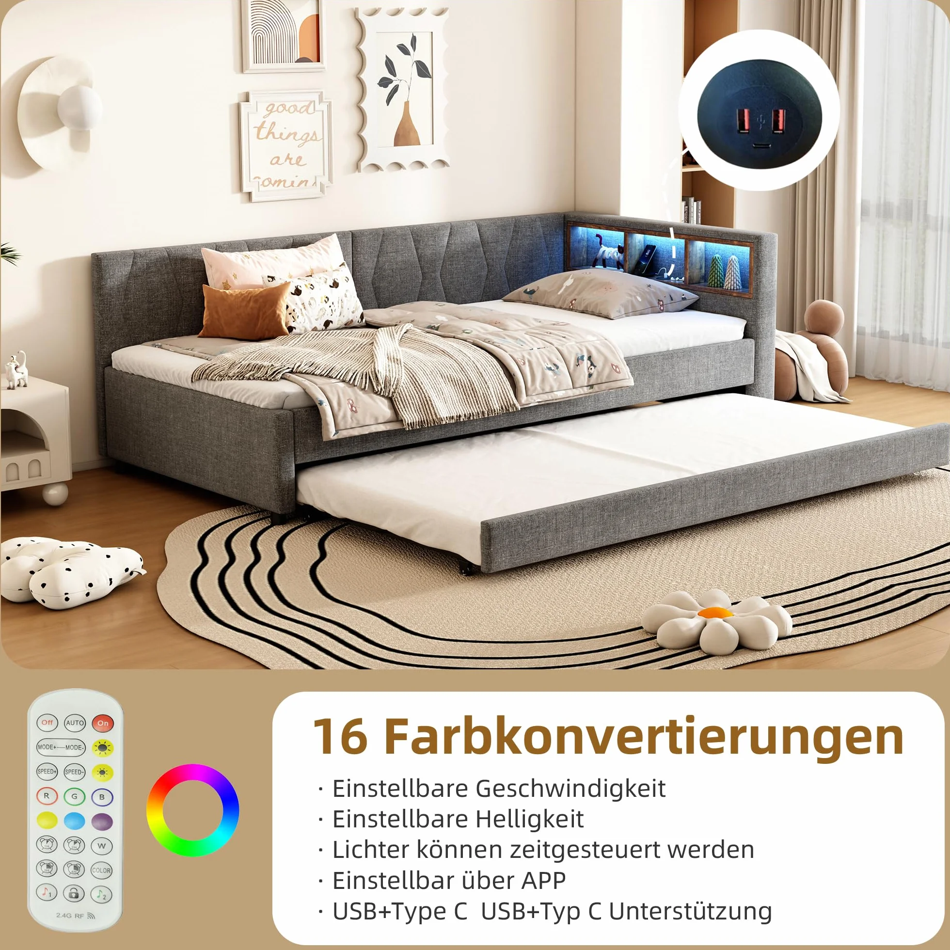 Dolamaní Łóżko tapicerowane 90 x 200 cm z LED i USB-C, stelażem i łóżkiem wysuwanym, lniane