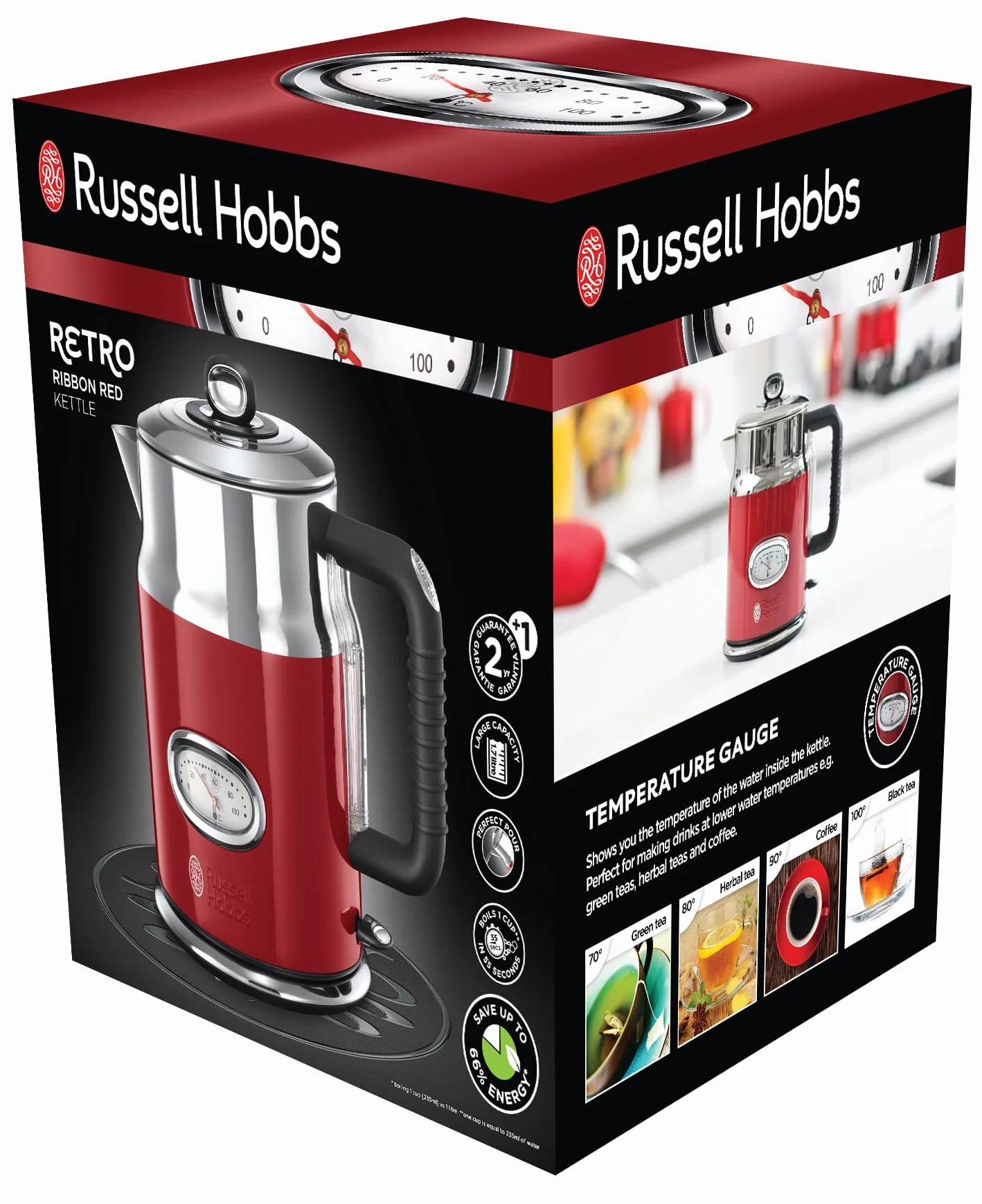 Russell Hobbs czajnik elektryczny, wymienny filtr antywapienny, markery szybkiego gotowania, kontroler strix, pojemność 1,7l, moc 2400W, retro, czerwony Retro 21670-70 [Klasa energetyczna A]