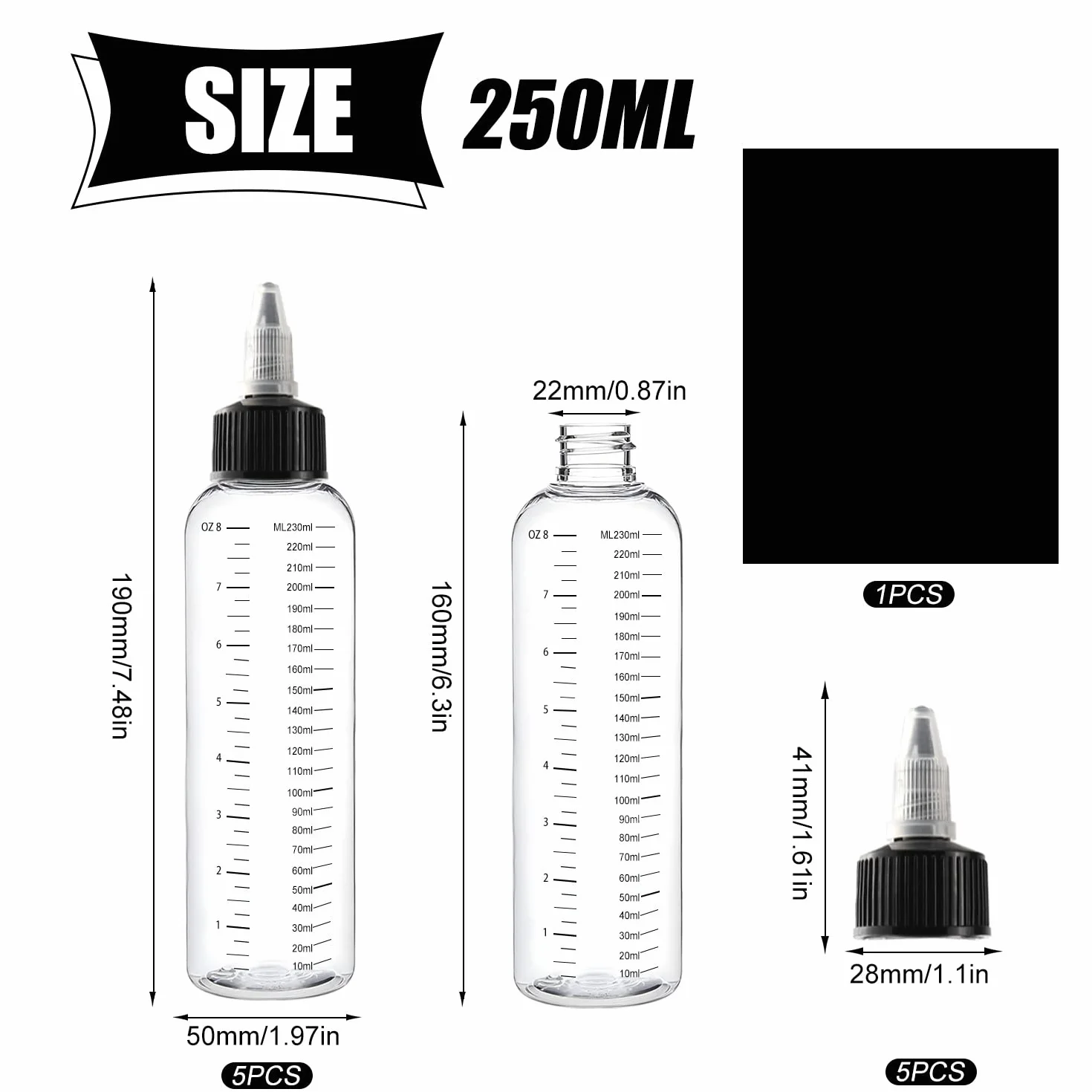 Przezroczysta plastikowa butelka kompresyjna ze skalą 5 szt. 250 ml butelki dozujące z czarną zakrętką do otwierania/zamykania dyszy do rzemiosła, kleju, wielofunkcyjnego