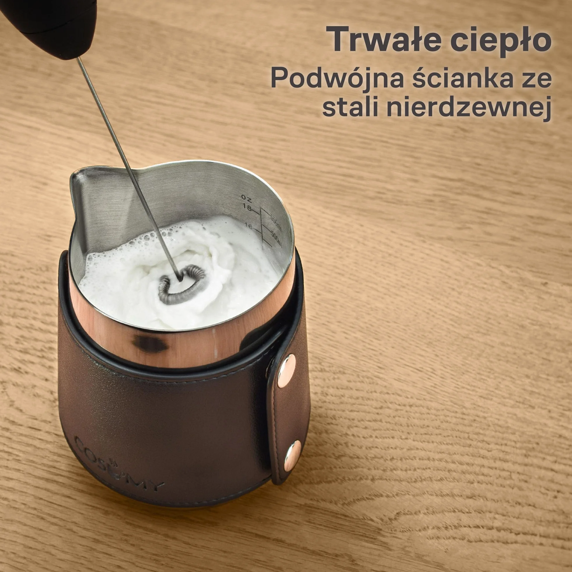 Cosumy Dzbanek do Spieniania Mleka ze Stali Nierdzewnej 500 ml - Z Podziałką - Do Latte Art - Akcesoria Baristy