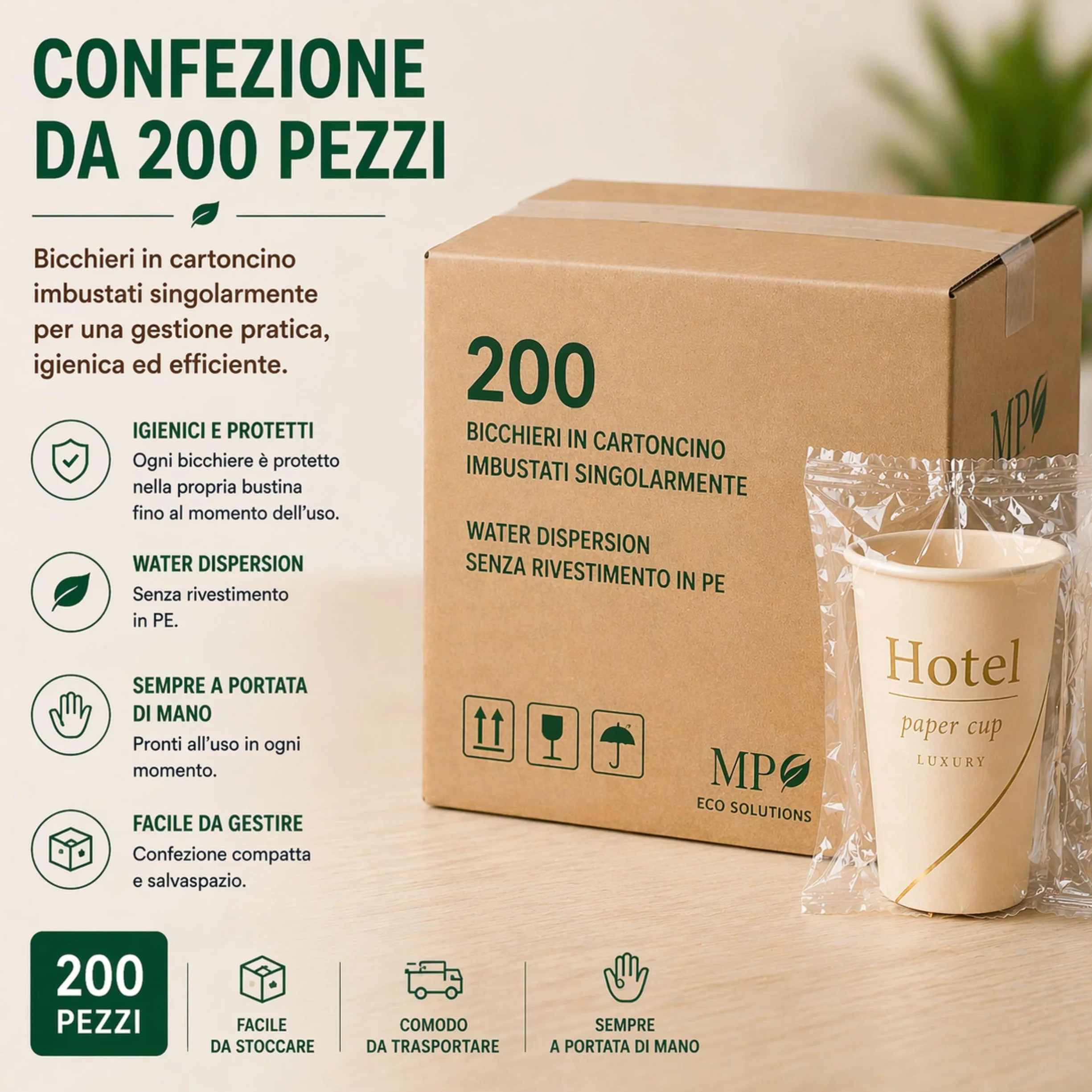 Generico Mecup Jednorazowe papierowe kubki pojedynczo pakowane jednorazowe kubki gorące i zimne napoje do hotelu lub b&b (200, HOTEL)