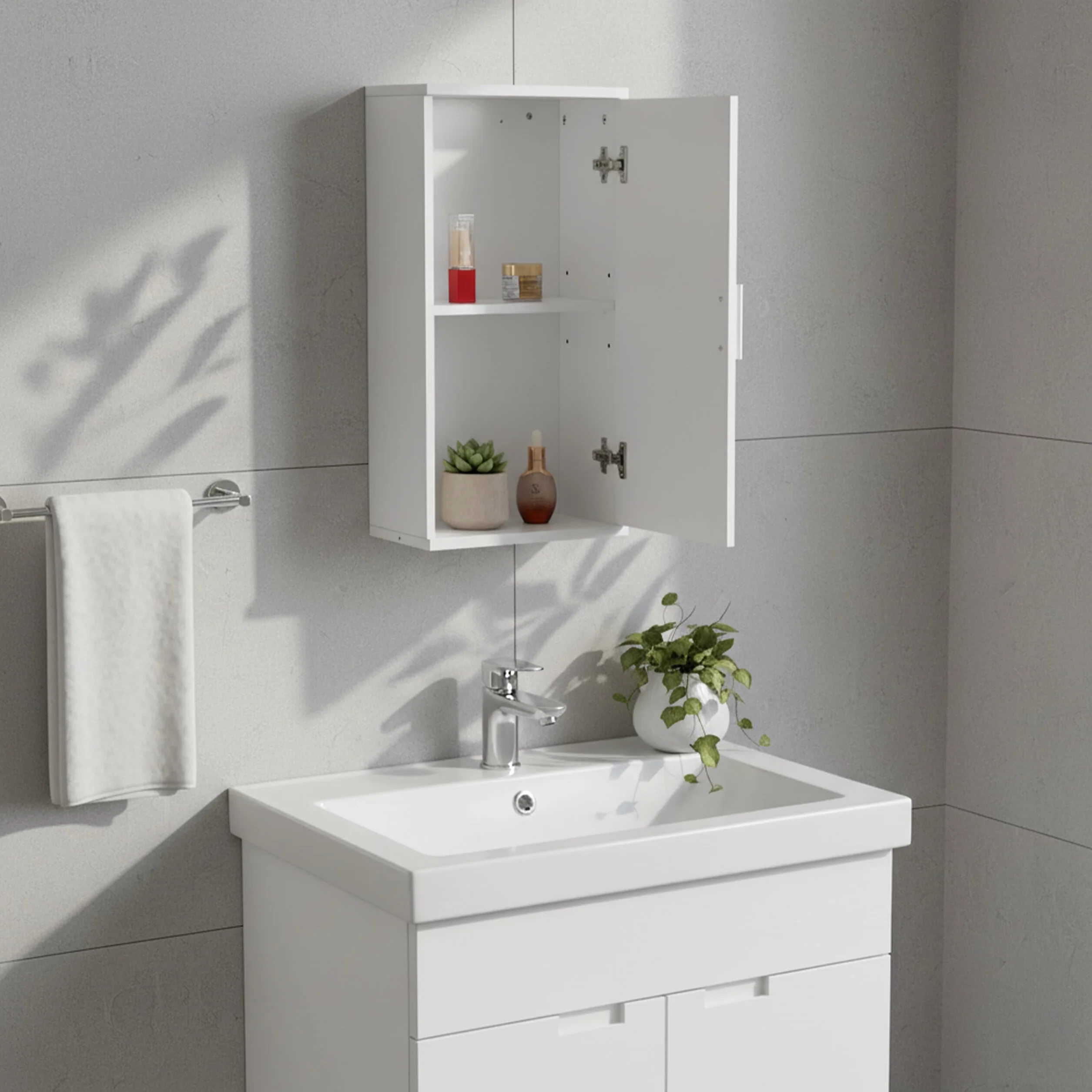 Relaxdays Szafka wisząca łazienkowa, 2 półki, wys. x szer. x gł.: 62 x 30 x 21 cm, regulowana półka, szafka łazienkowa wąska, MDF, biała