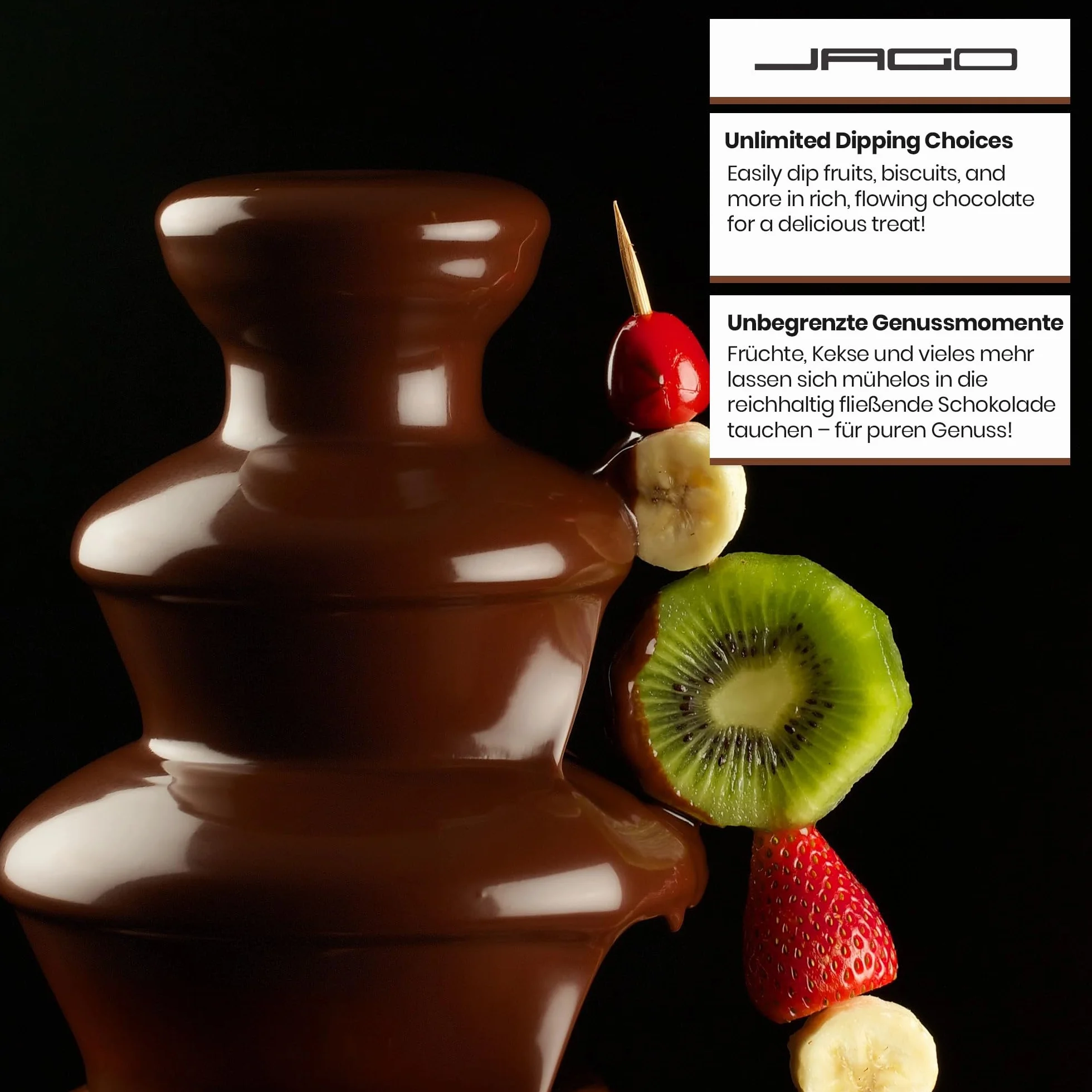 Jago® Fontanna czekoladowa 275 W – 3 poziomy, 1 kg, stal nierdzewna, zmywarka, srebrna – fondue, czekoladowe fondue