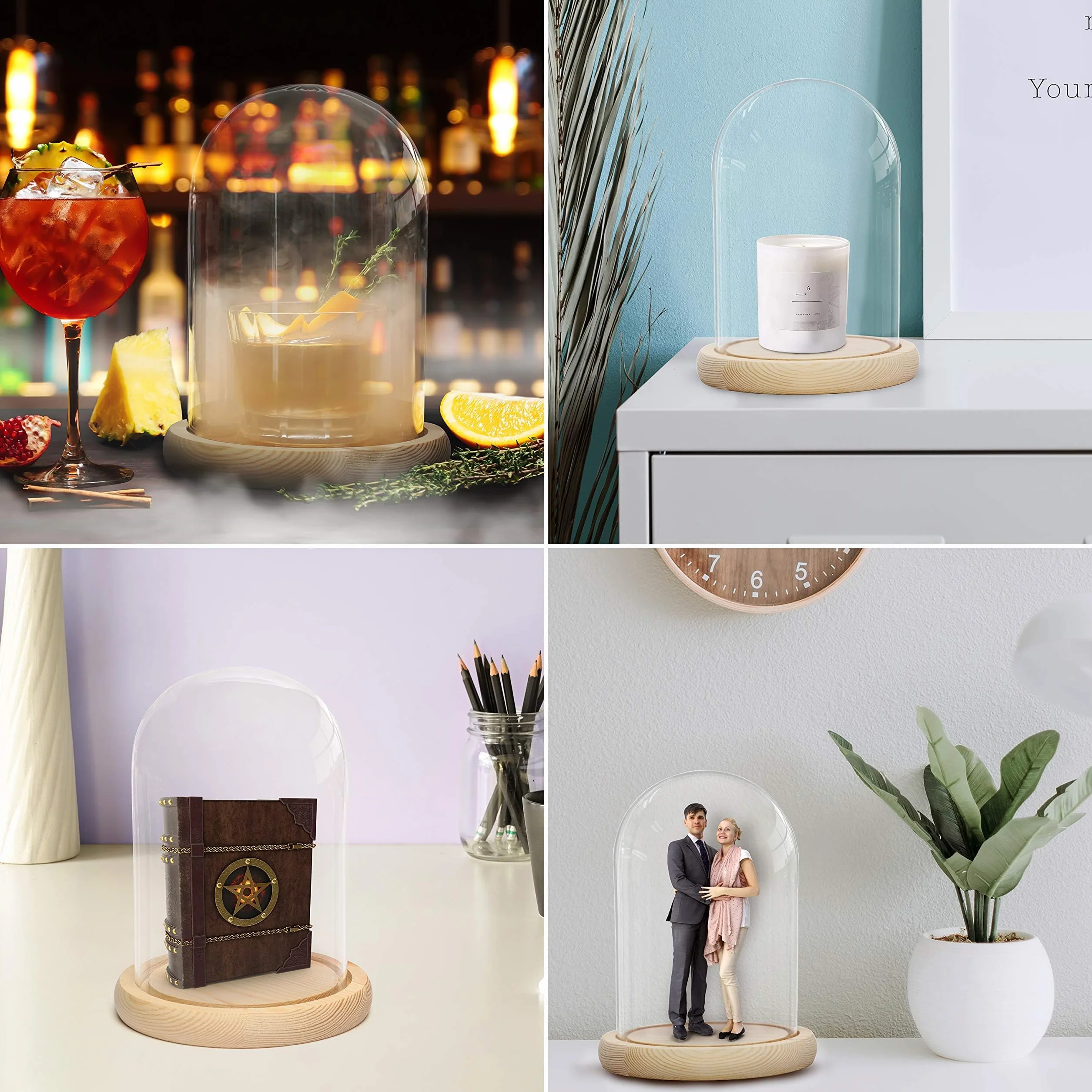 Belle Vous Szklany dzwonek z podstawą z naturalnego drewna - 20 cm - przezroczysty dekoracyjny szklany dzwonek z drewnianą tacą do świateł, dekoracji stołów, antyków