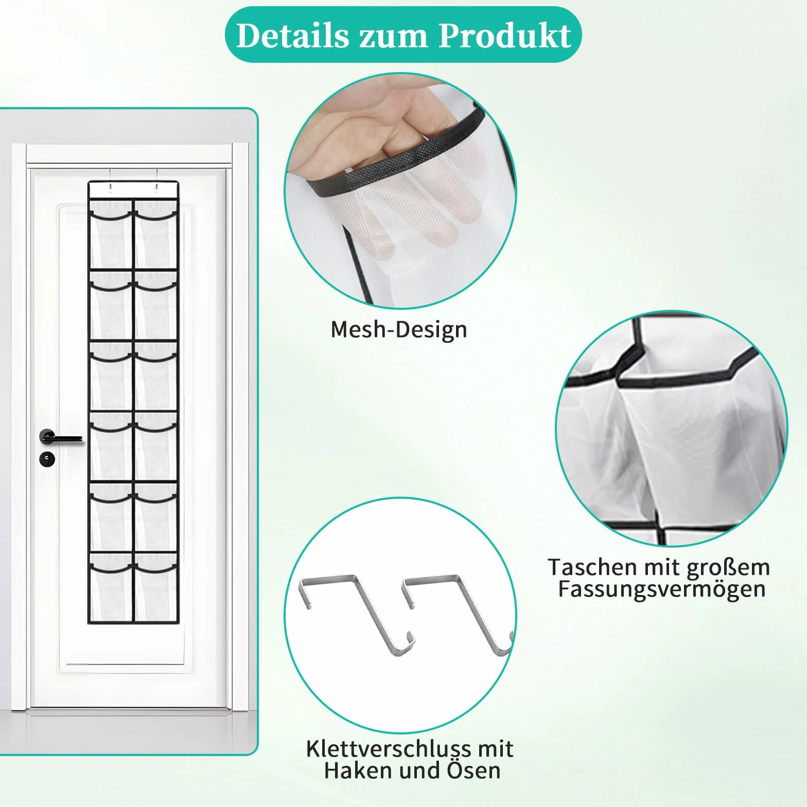 Organizer na buty do zawieszenia nad drzwiami, 12 kieszonek siatkowanych, biały
