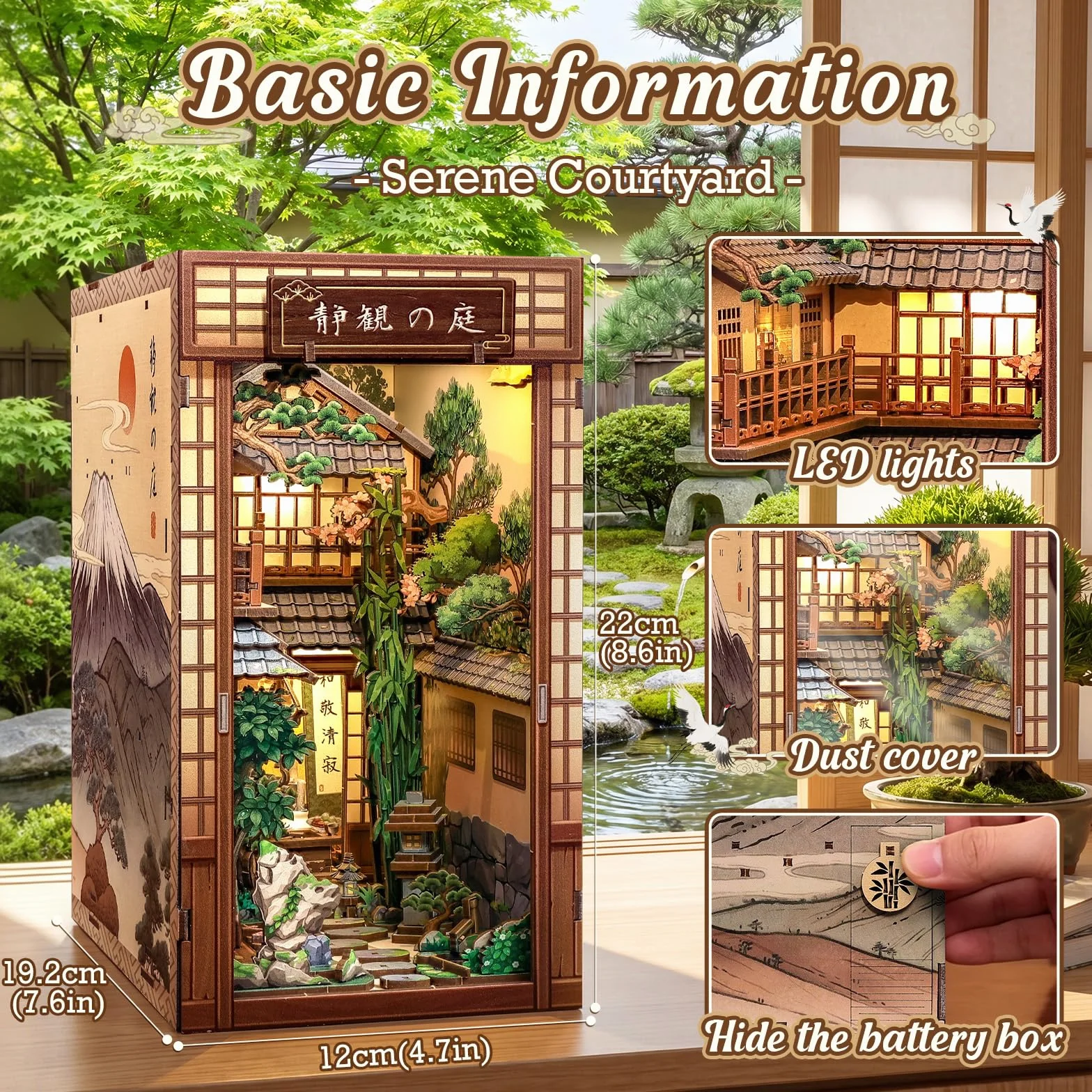Cutefun Japoński zakątek książki, spokojny dziedziniec | Zestaw miniaturowy DIY dla dorosłych, Japonia 3D drewniane puzzle rękodzieło prezent dla kobiet