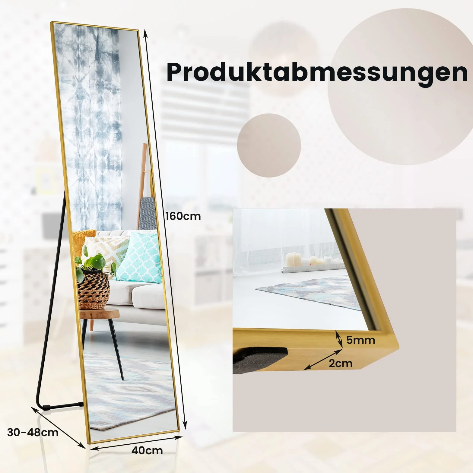 COSTWAY Lustro stojące i ścienne 2 w 1, 160 x 40 cm, do garderoby, do sypialni, salonu i wejścia (kolor złoty)