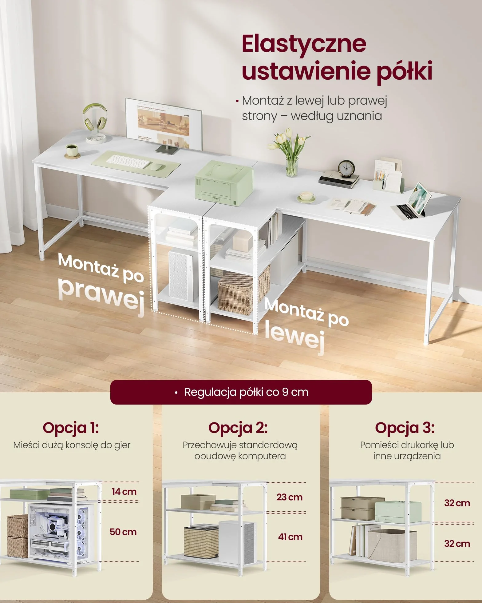 VASAGLE Biurko narożne w kształcie litery L, biurko komputerowe z miejscem do przechowywania, dwustronne półki z regulacją wysokości, do domowego biura, 120 x 80 cm, klon biały LWD136WF01