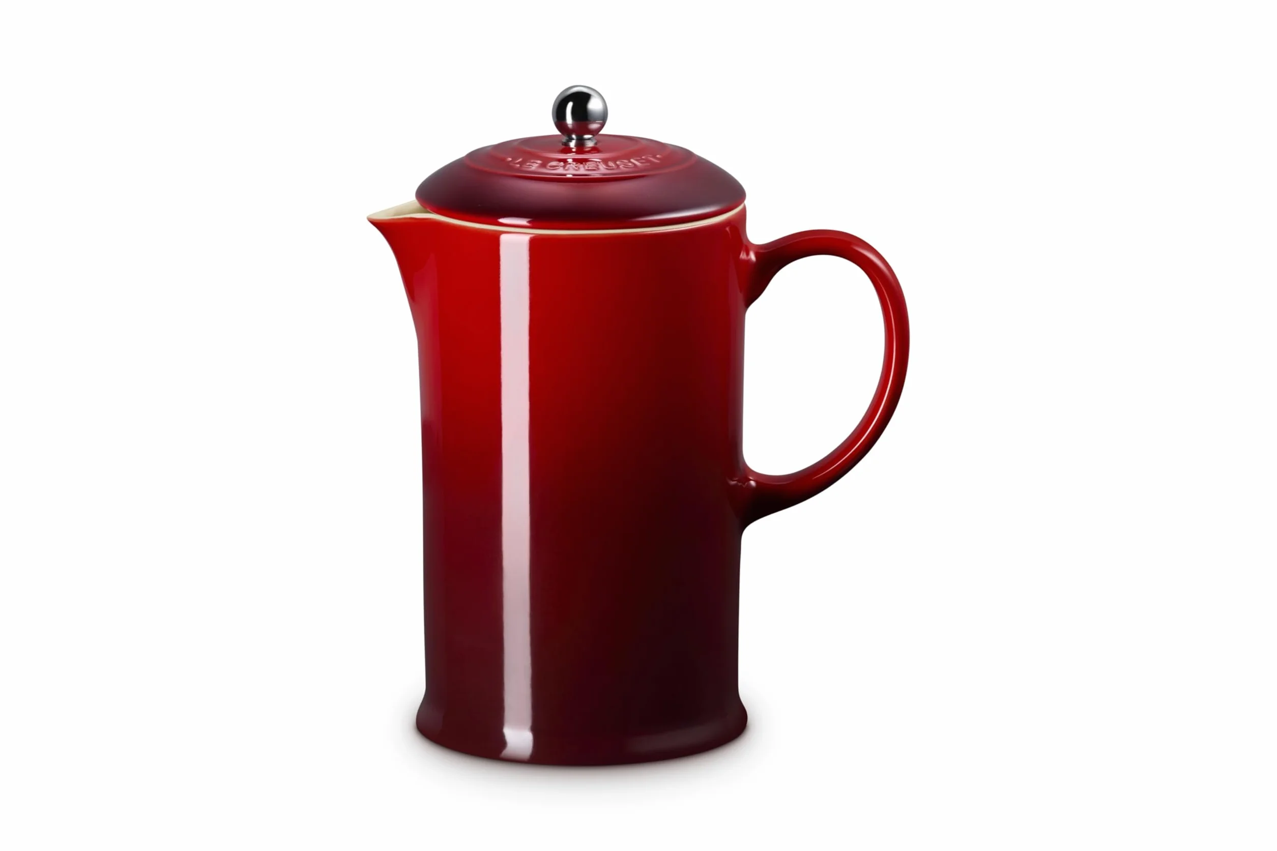 Le Creuset Kamionka Cafetière francuska prasa z tłokiem ze stali nierdzewnej, 1 l, nadaje się do 3-4 kubków, Cerise, 9102820006000; Wiśniowy
