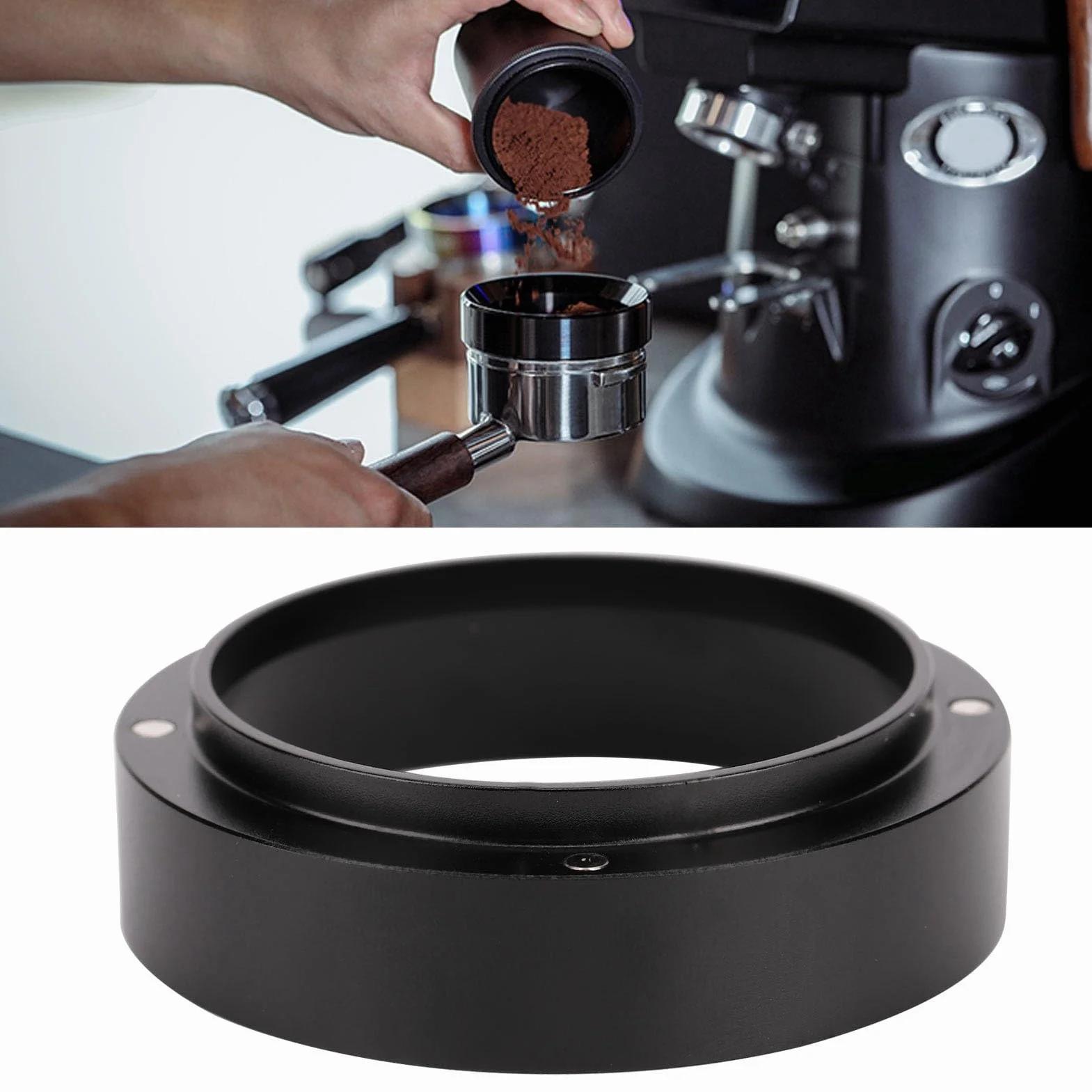 Akozon Magnetyczne Kawa w Proszku Pierścienia Pierścień, Akcesorium do Kawy, Proszek Dystrybutora Lejek z Stałymi Filtrami, Czarny (53 MM z magnesem)