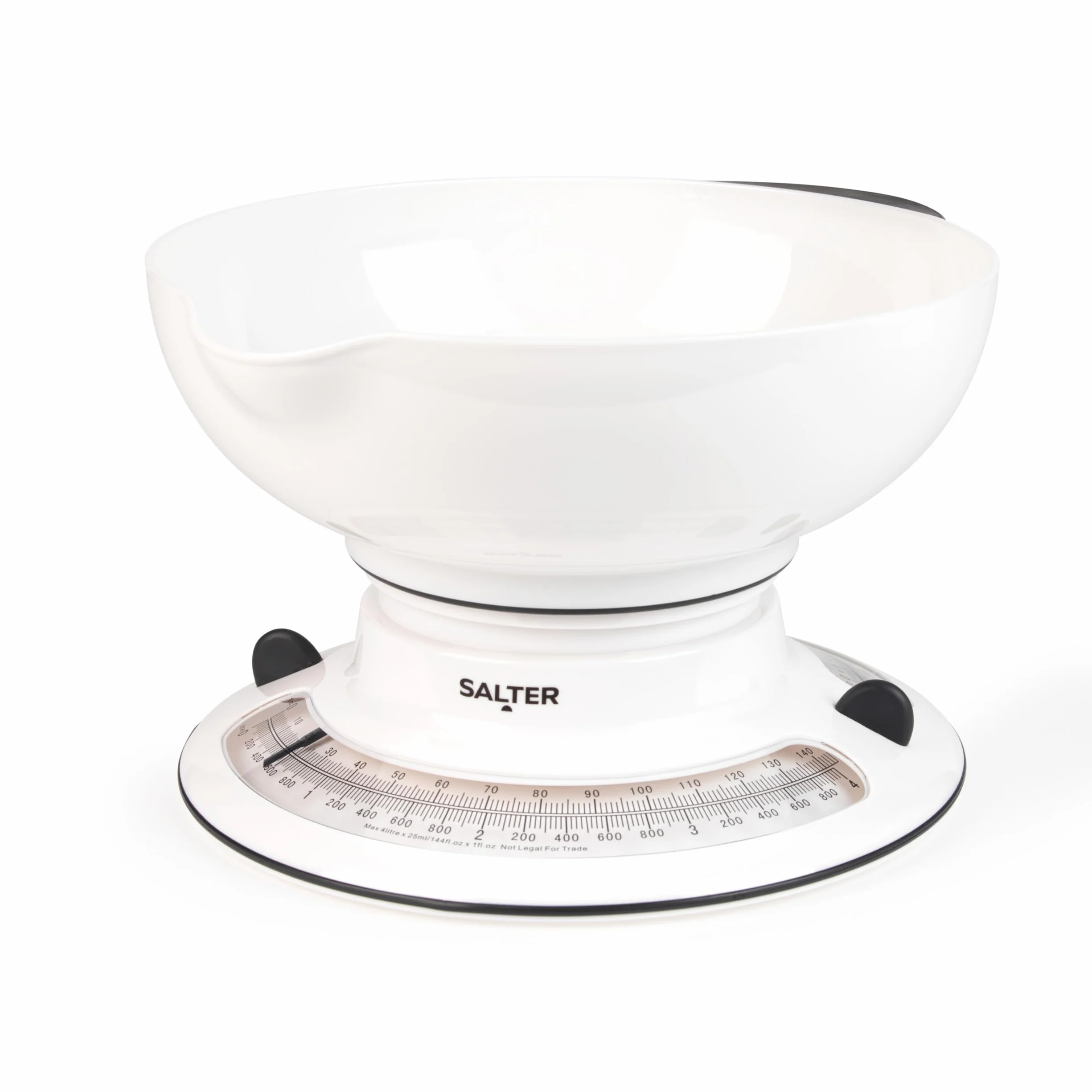 Salter 800 WHBKDR Aquaweigh Waga mechaniczna, wazy ciecze i plyny, dodaj i zwaz, podwójna obrotowa skala, dziobek do nalewania, zaciski misy 2,6 l nad waga, maks. 4 kg, pieczenie/gotowanie, biala