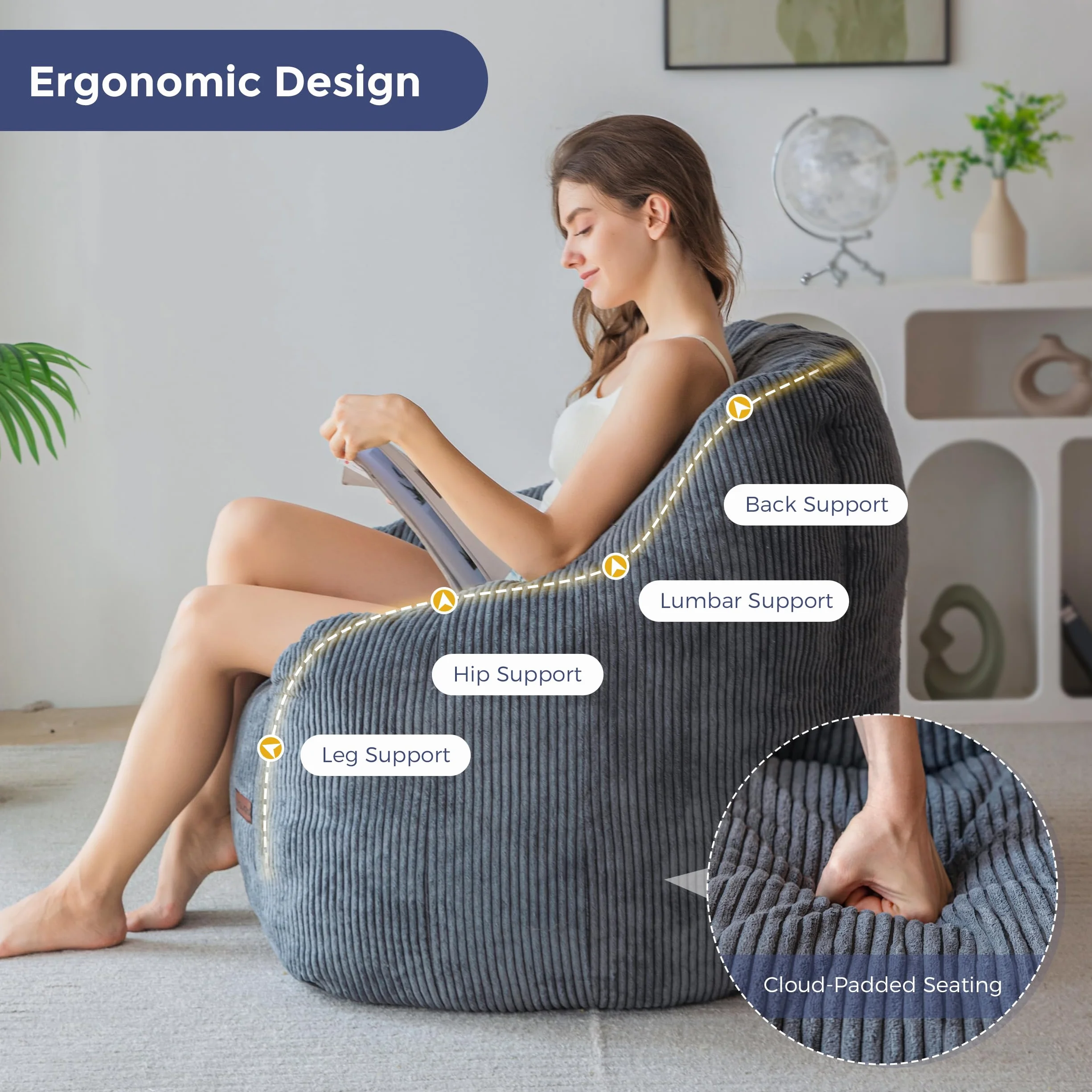 MAXYOYO Worek do siedzenia, sofa z wypełnieniem, przytulny fotel do salonu dla dorosłych i dzieci, wyściełana sofa podłogowa do sypialni, akademika i kącika do czytania
