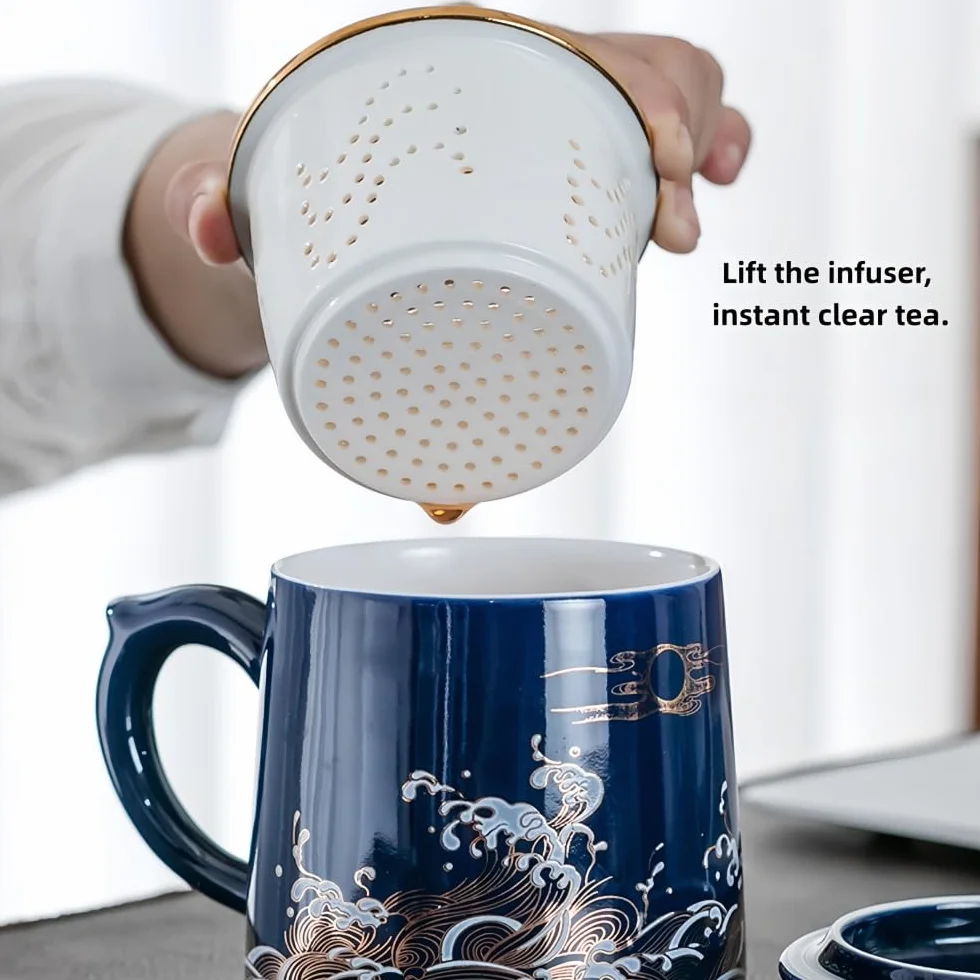 Kubek ceramiczny do herbaty z pokrywką i zaparzaczem do herbaty sypanej, wzór fal lub tygrys i chmura, kubek do zaparzania herbaty do biura i domu, wiele kolorów (Fale - Azure Blue)