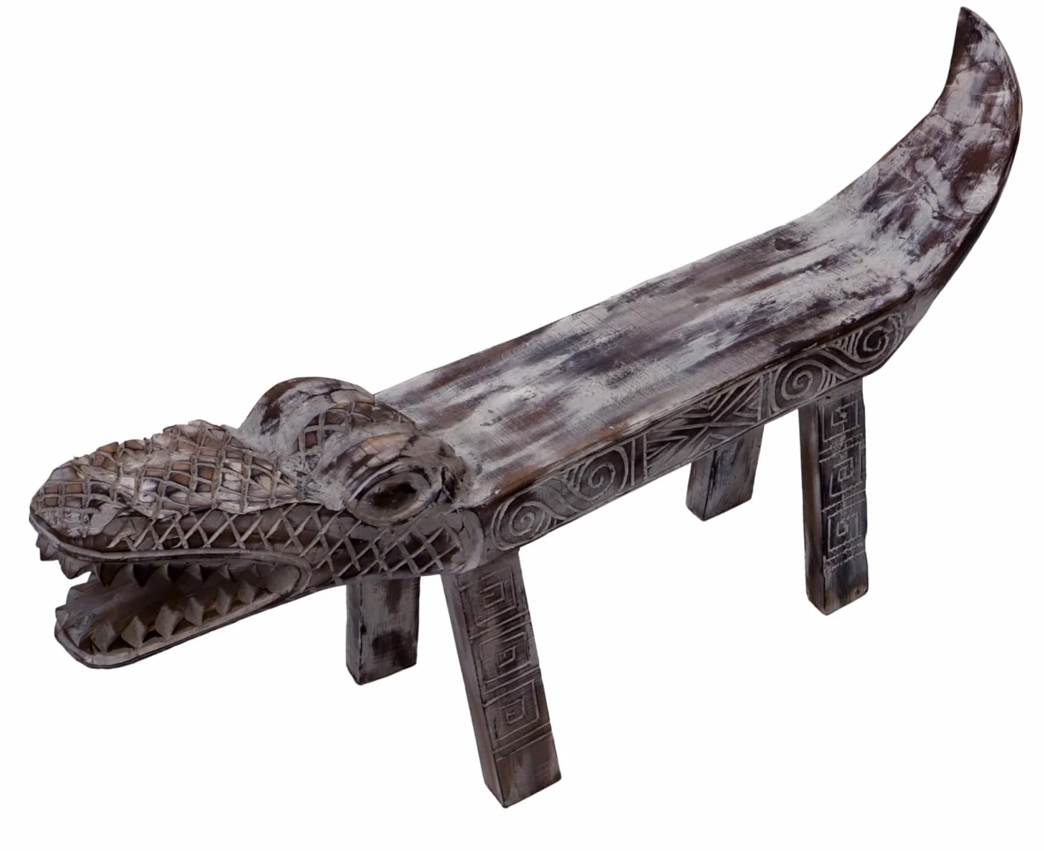 GURU SHOP Rzeźbiona ławka krokodylkowa antyczna biel - 130 cm