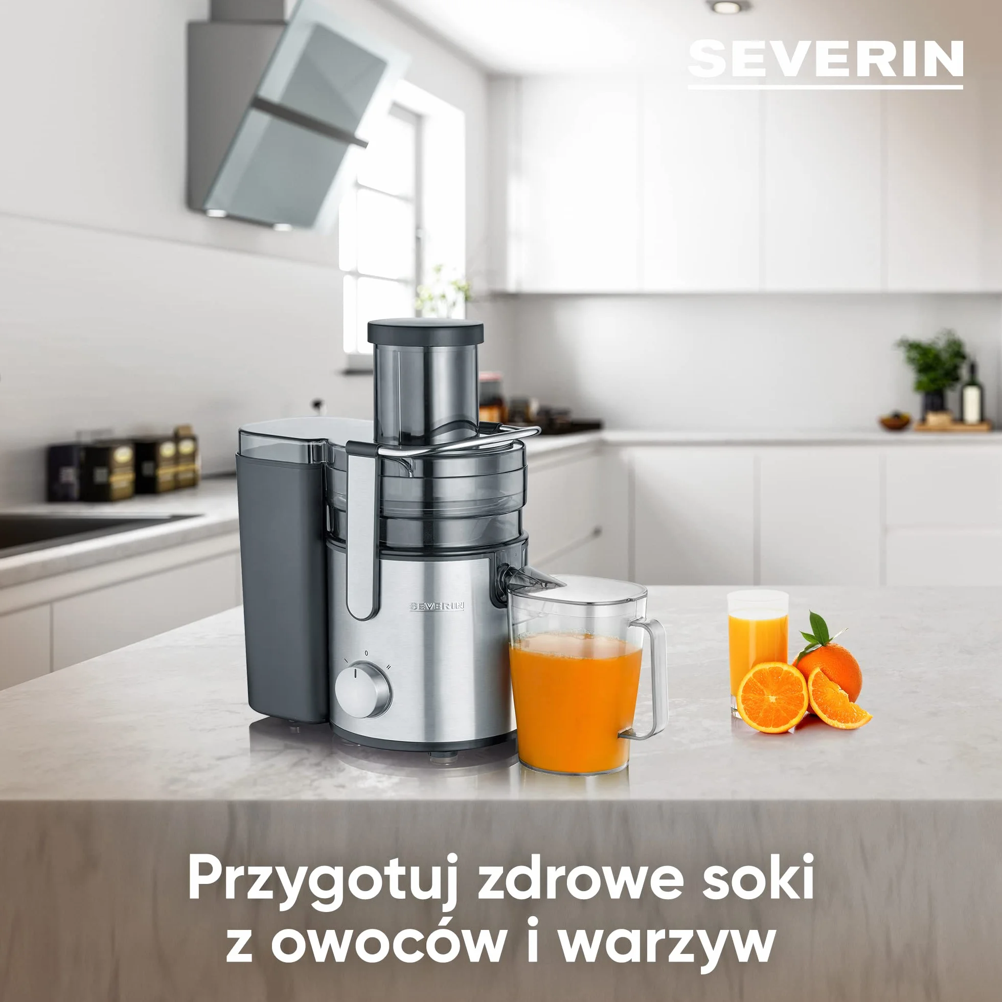 SEVERIN cicha profesjonalna sokowirówka o mocy 800W, urządzenie do wyciskania soków owocowych i warzywnych, maszyna do soków ze stali nierdzewnej, czarny/stalowy ES 3570