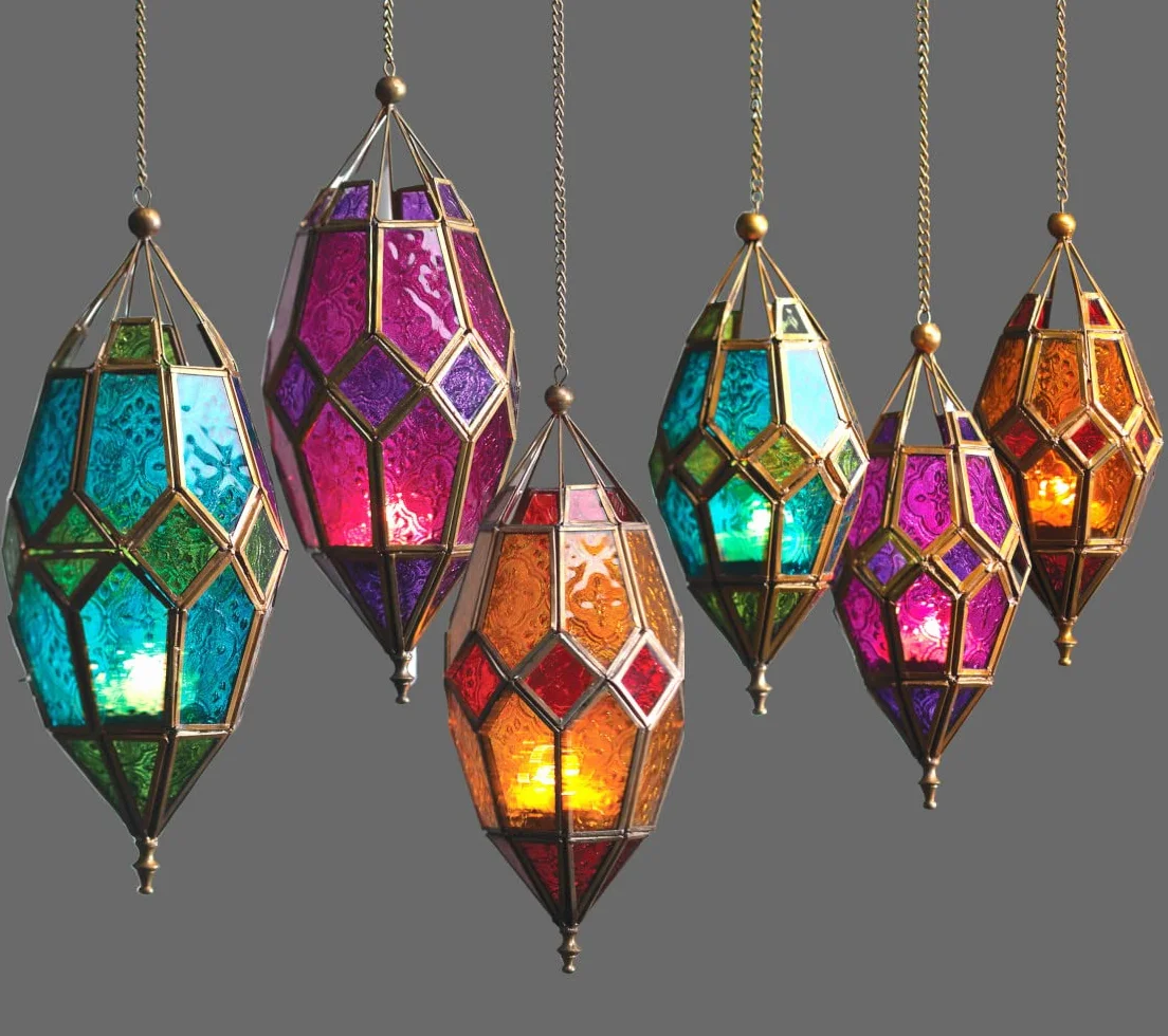 Wisząca szklana latarnia tealight w stylu marokańskim (duża zielona/niebieska)