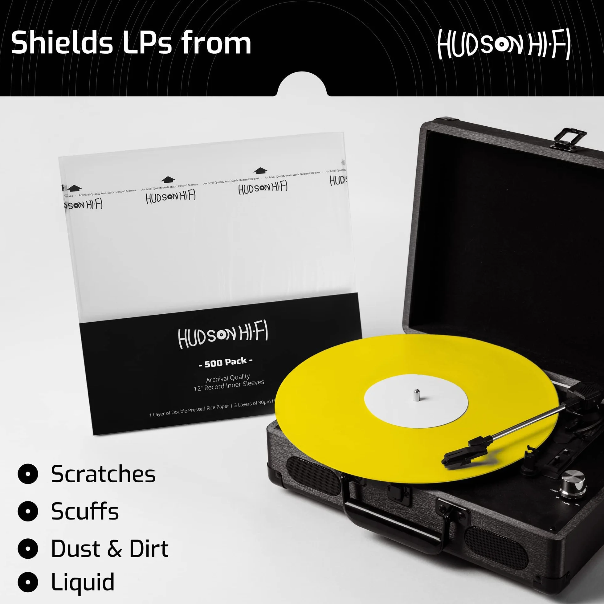 Hudson Hi-Fi Antystatyczne rękawy wewnętrzne płyty winylowej – ochronny rękaw wewnętrzny z płyty winylowej, opakowanie 500 sztuk, chroń swoje albumy LP przed zadrapaniami, kurzem i brudem, bezkwasowe
