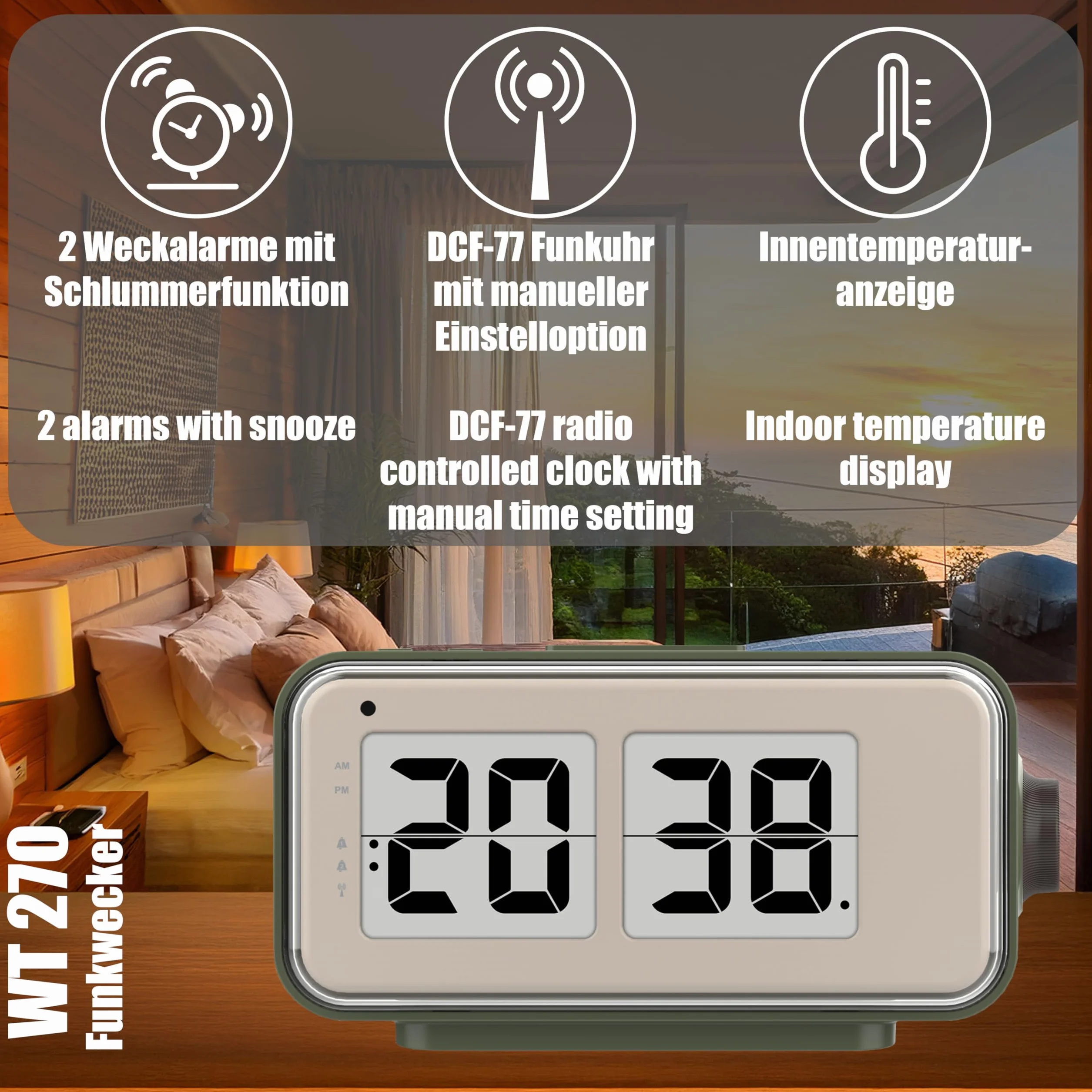 Technoline WT270 budzik retro DCF77 Flip Clock z 2 alarmami, drzemką, temperaturą, kalendarzem, podświetleniem i światłem nocnym