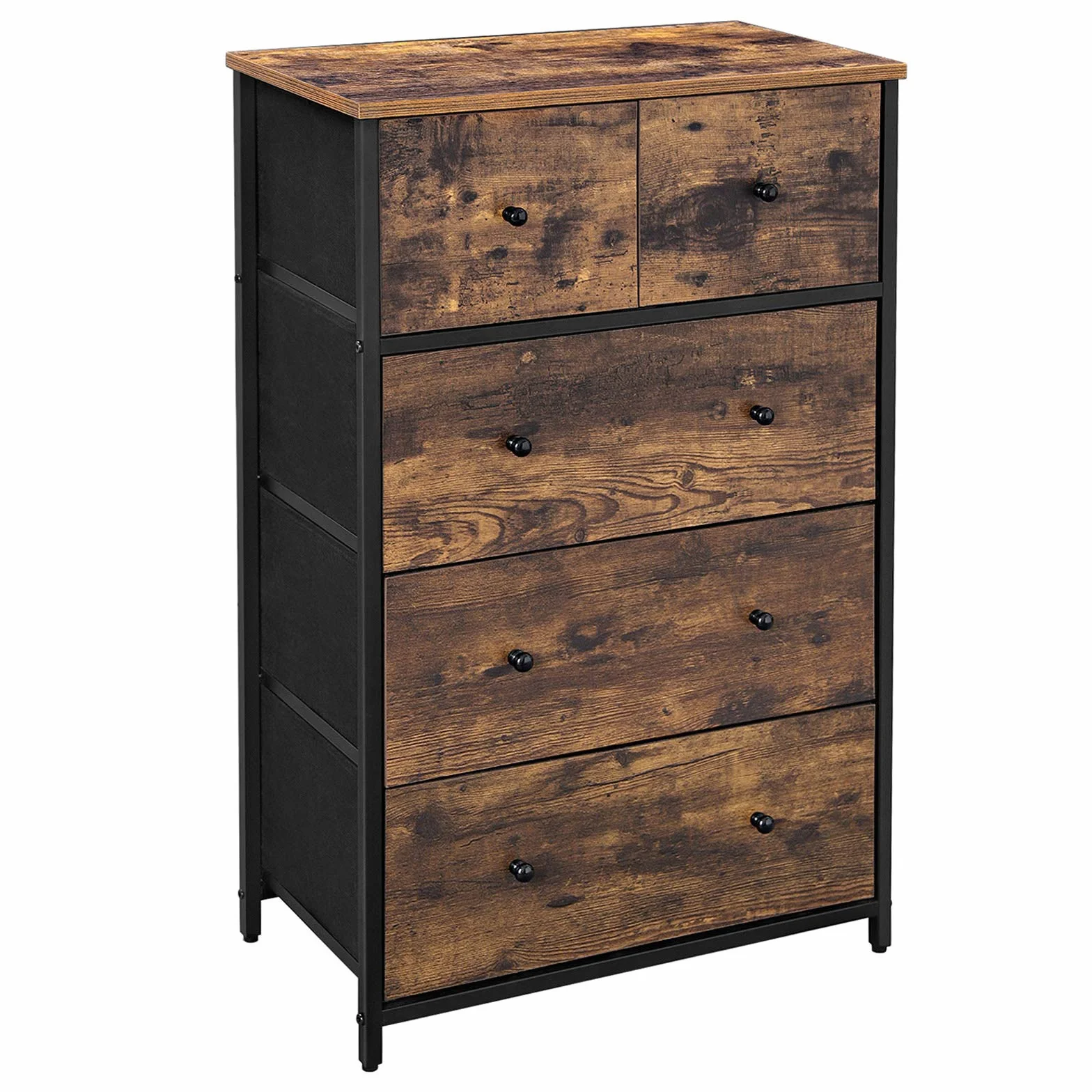 SONGMICS komoda, szafka do przechowywania, szuflady materiałowe z frontem MDF, wzornictwo przemysłowe, na korytarz, do salonu, w stylu vintage, brązowo-czarna, LGS45H