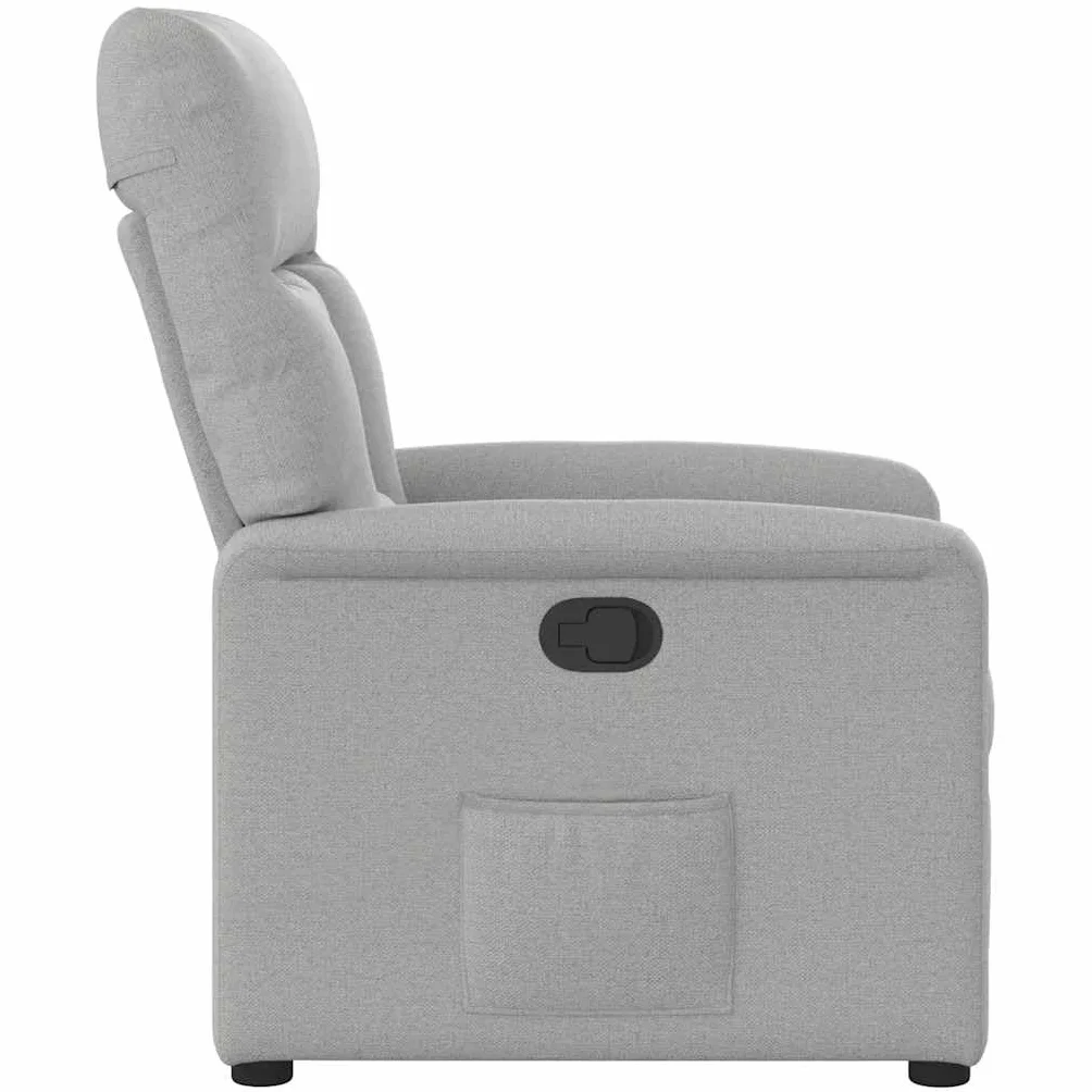 Fotel relaksacyjny w kolorze szarego materiału z ręczną funkcją leżenia, ergonomiczny, wygodny, z drewnianą ramą metalową, do salonu, biura, do czytania i wypoczynku