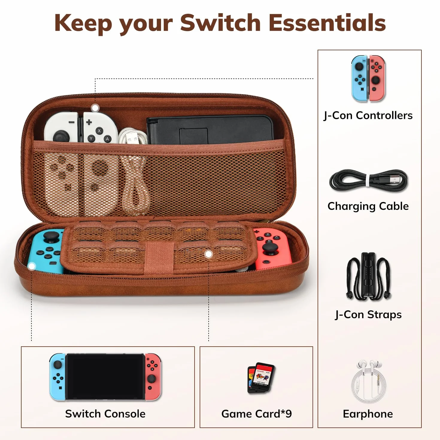 Younik Switch pokrowiec do NS Switch/Switch OLED, etui ze skóry PU z 9 kasetami do gier, przenośna torba do przenoszenia konsoli i akcesoriów (brązowy)