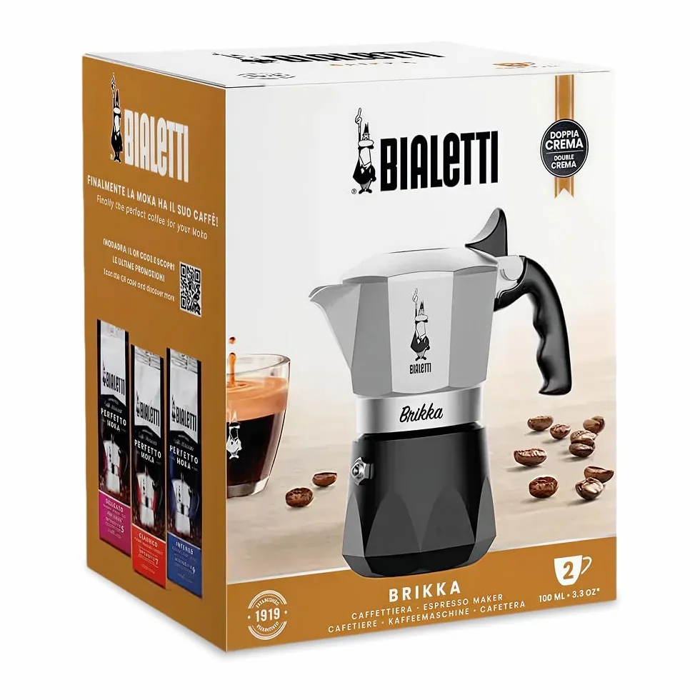 Bialetti New Brikka 2023, słoik do mokki, jedyny ekspres do kawy, który może zrobić kremowe espresso, 2 filiżanki, aluminium i czarny