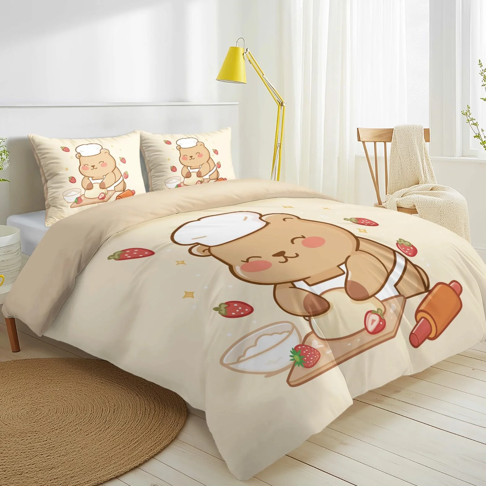 Generisch Cartoon Capybara komplet pościeli, zabawny zestaw pościeli z motywem jedzenia, 200 x 200 cm, 3-częściowy zestaw dekoracyjny, poszewka na kołdrę z mikrofibry z 2 poszewkami na poduszkę 80 x