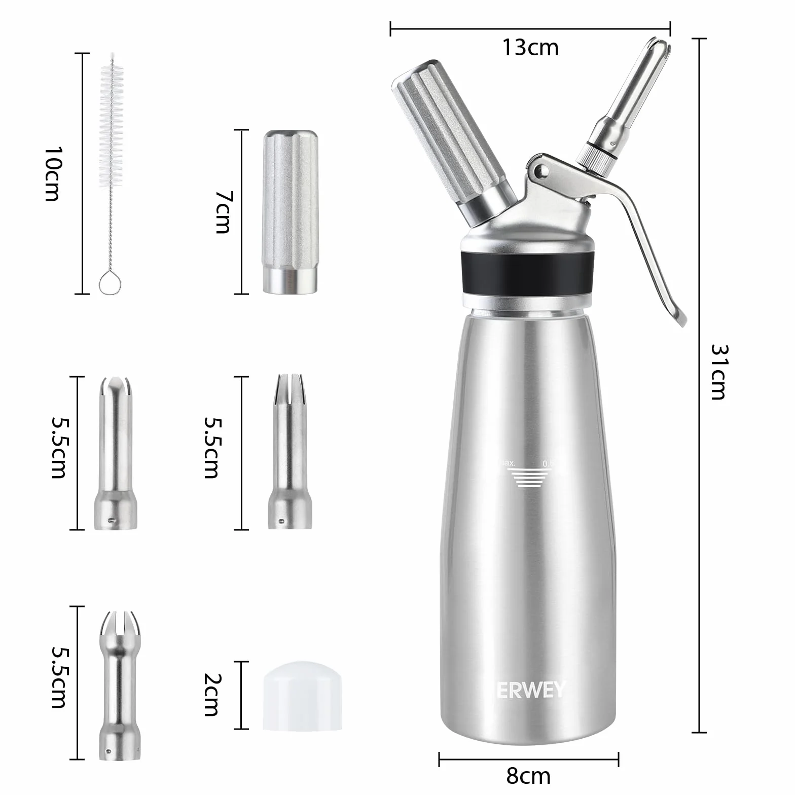 ERWEY Dozownik do śmietany 500 ml, syfon do śmietany, ze aluminiowy, szczelny, łatwy do czyszczenia, z 3 końcówkami i 1 szczotką do czyszczenia, dozownik bitej śmietany, do kuchni, na imprezę