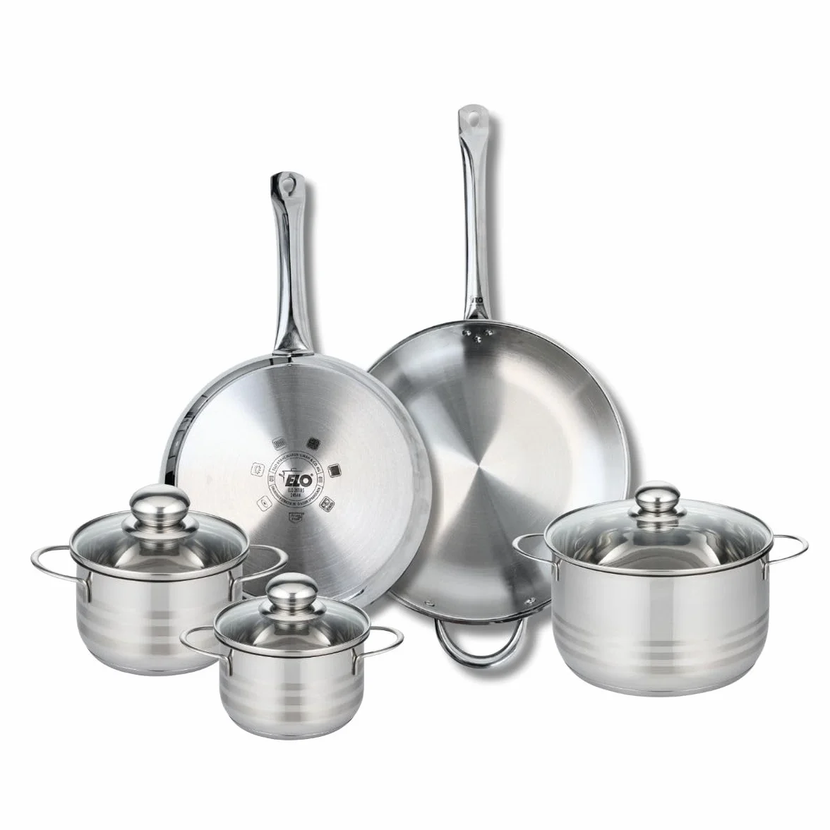 ELO 9883550 Naczynia kuchenne 5 sztuk, zestaw 2 patelni 28 i 32 cm i 3 garnków 14, 16 i 20 cm Elo Profi Brilliant, stal nierdzewna, indukcyjna