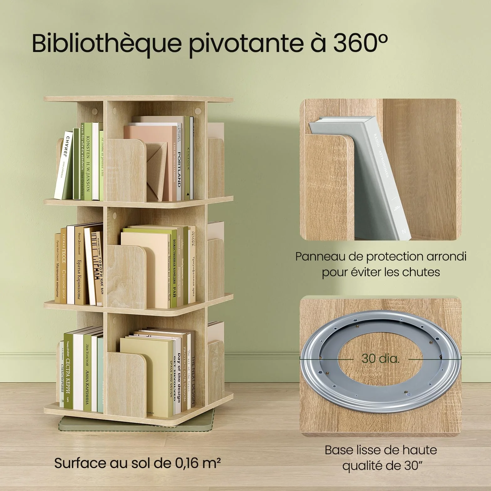 EUGAD Obrotowy regał na książki, z 3 poziomami, 12 półek, obracany o 360°, stojący regał, do salonu, gabinetu, biura, 40 x 94,5 x 40 cm, jasny dąb