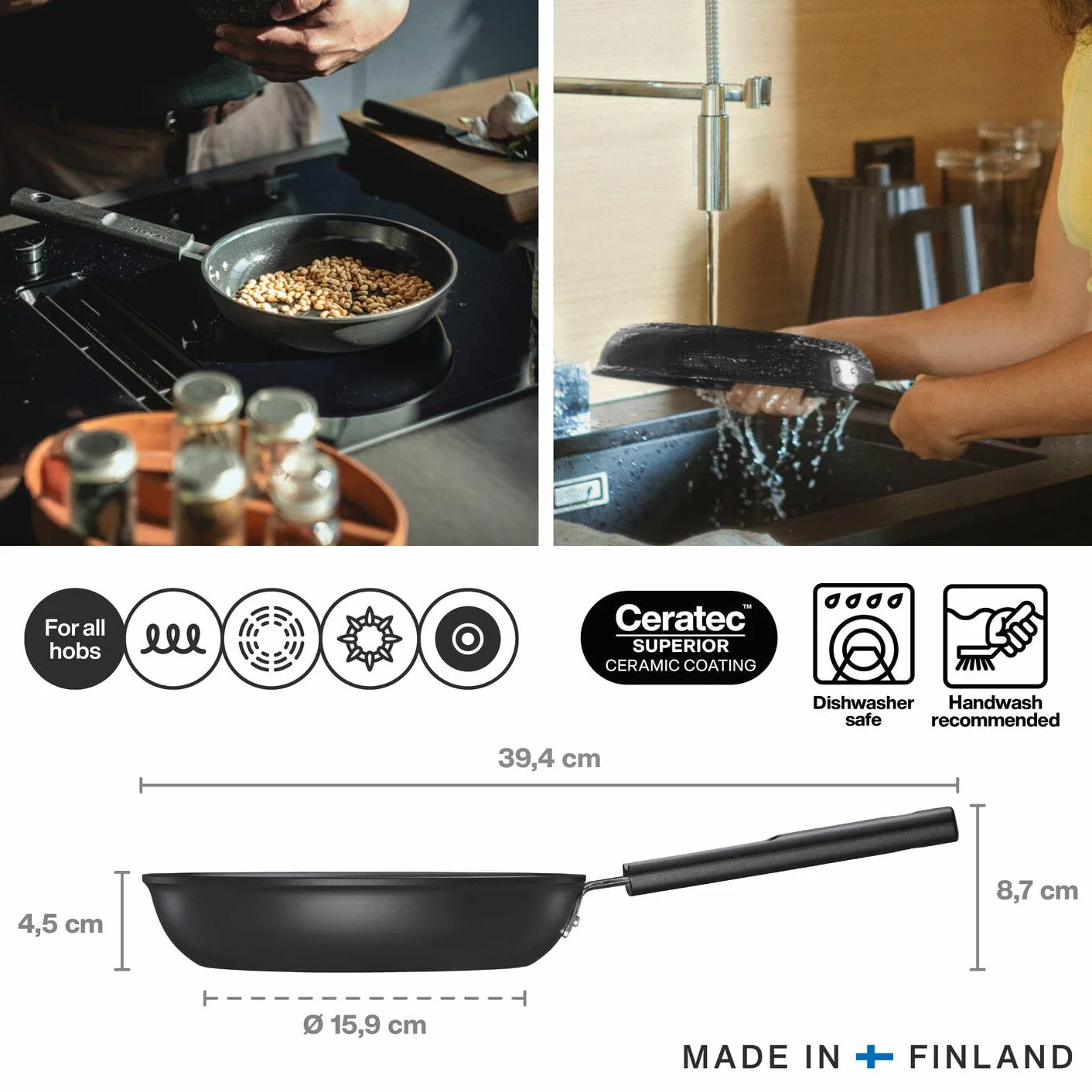 Fiskars Patelnia, Hard Face, Średnica 20 cm, Nadaje się do wszystkich płyt grzewczych, Powłoka nieprzywierająca, Odporna na zarysowania, Aluminium/plastik, Czarny, 1075457