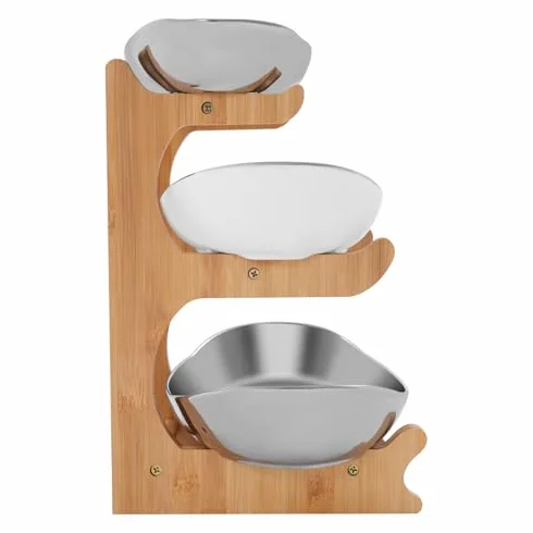 3-poziomowy bambusowy zestaw misek na owoce, dekoracyjny ceramiczny uchwyt na przekąski na blat kuchenny, wielofunkcyjny wyświetlacz na orzechy, ciastka, desery i owoce