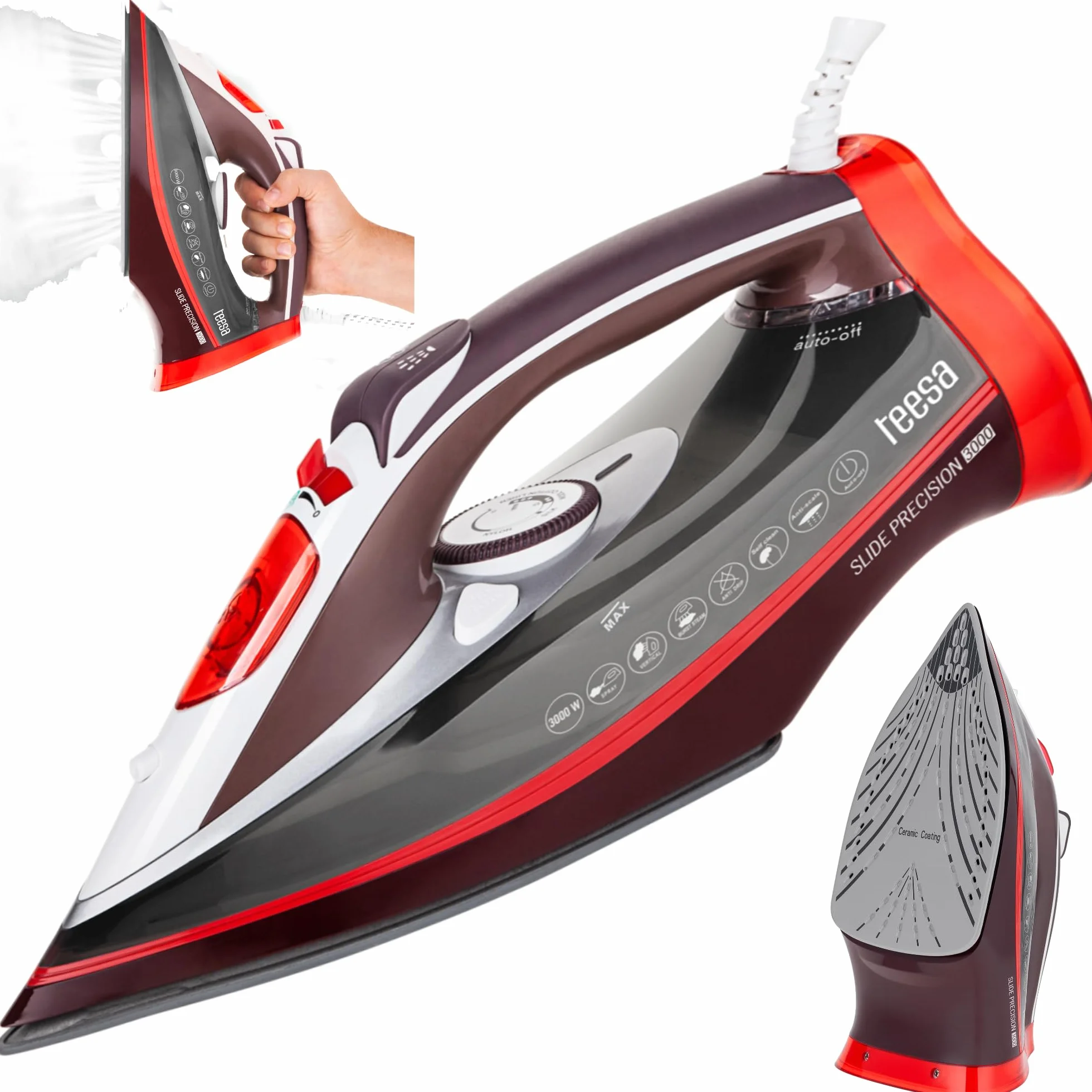 Teesa Żelazko Parowe Slide Precision 3000 W Prasowanie w Pionie i na Sucho Spryskiwacz Automatyczne Wyłączanie Czerwono-biało-szare TSA2011
