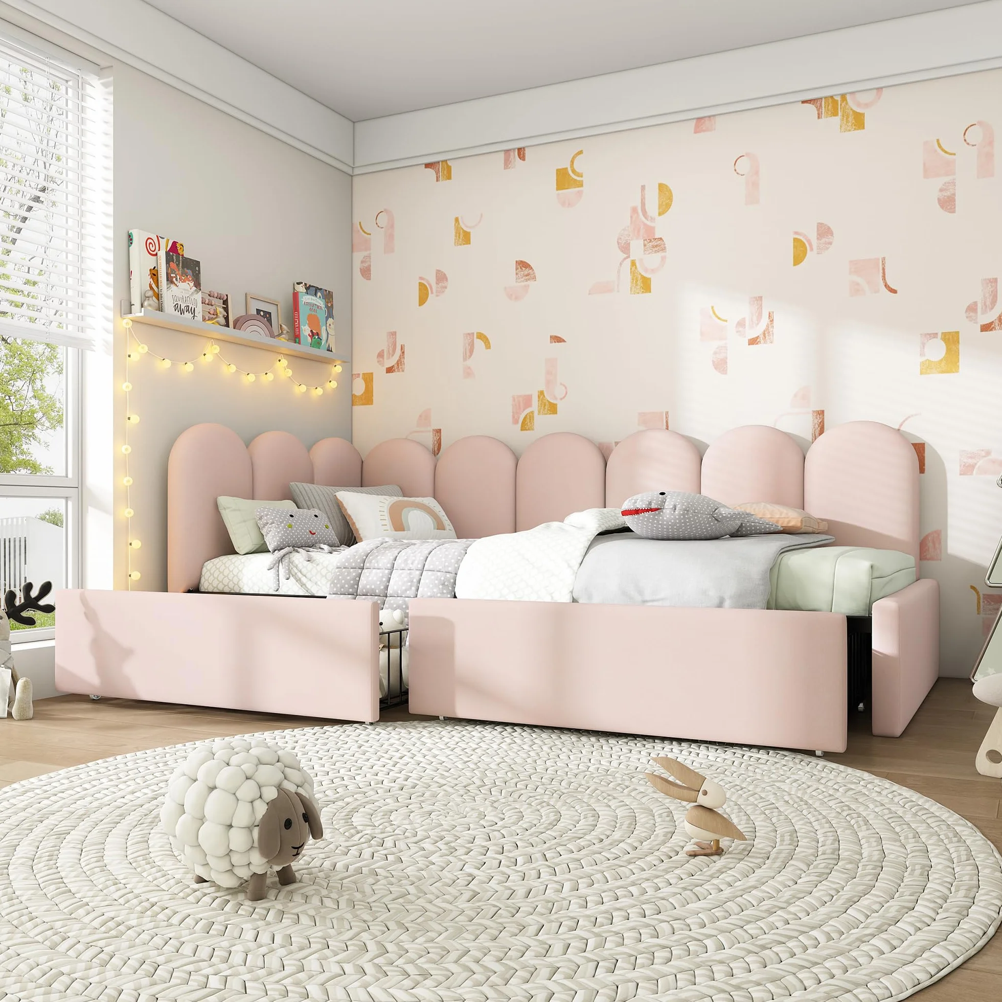 Dolamaní cm mała sofa z funkcją spania, 90 x 200 cm, łóżko dzienne dla 1 osoby, łóżko różowe dla młodzieży i dziewcząt, łóżko tapicerowane, aksamitne z 2 szufladami do przechowywania, łóżko