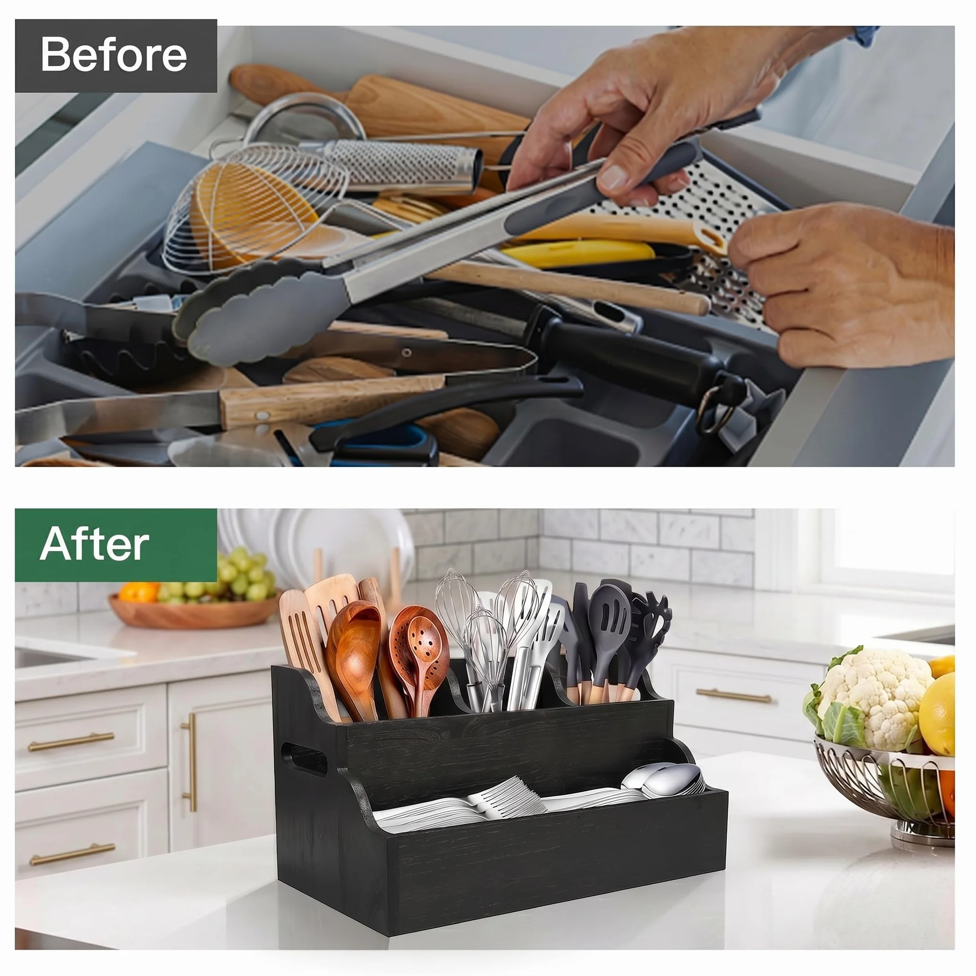 Bardzo duży organizer na przybory kuchenne z litego drewna z 3 przegródkami, nowoczesny, elegancki design z uchwytami, przestronny, łatwy dostęp i stabilny do przechowywania na blacie