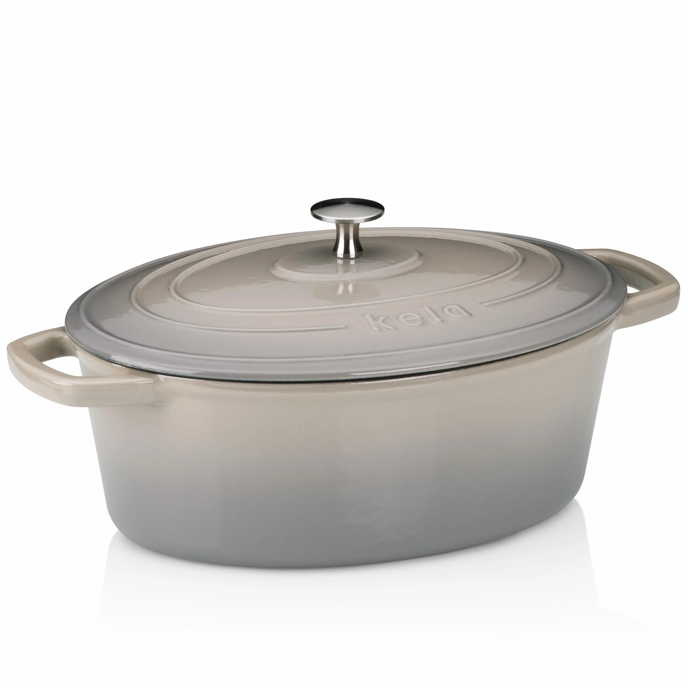 kela Garnek żeliwny owalny 4 litry, Dutch Oven CALIDO, indukcyjna brytfanna żeliwna z pokrywką, żeliwny garnek do pieczenia chleba, emaliowany, jasnoszary