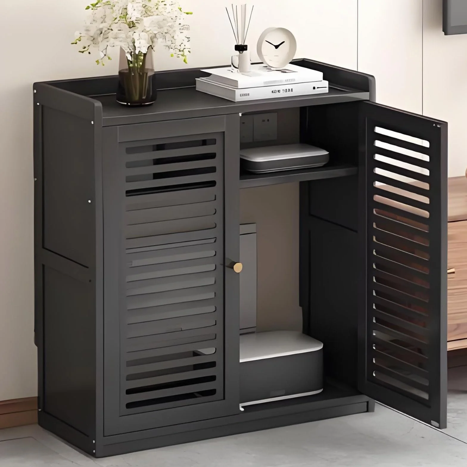 Stojak na sprzęt multimedialny do domu, stojak na sprzęt audiowizualny do gier i rozrywki, elegancki czarny design, stylowy zestaw multimedialny do domu