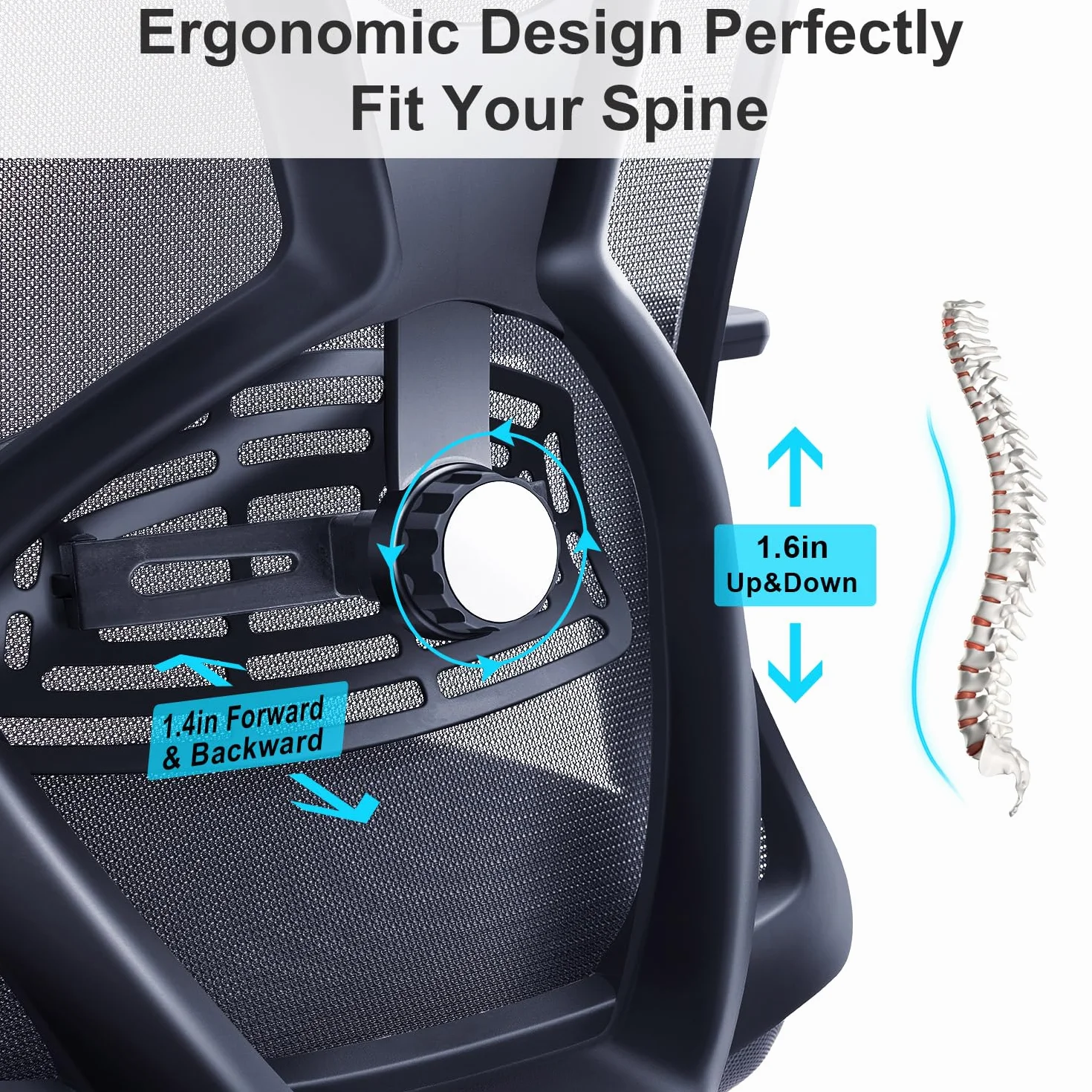Ergonomiczne krzesło biurowe Ticova - Krzesło biurowe z wysokim oparciem, regulowanym podparciem lędźwiowym, zagłówkiem i metalowym podłokietnikiem 3D - Krzesło komputerowe z siatką kołysaną 130°