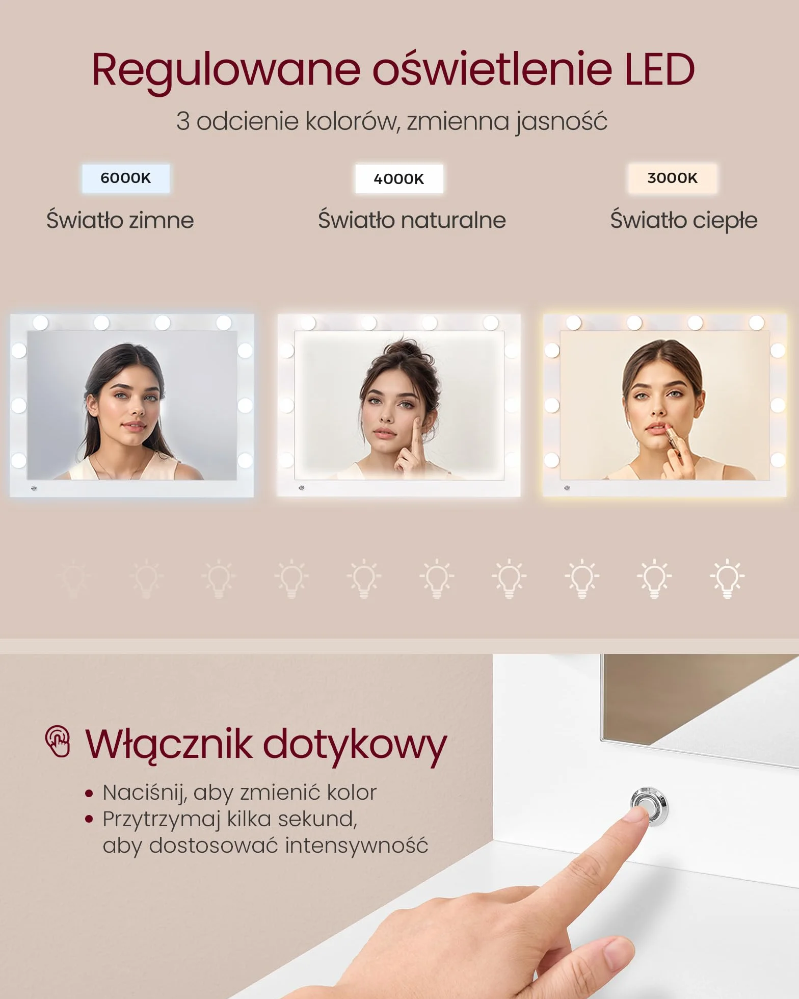 VASAGLE Toaletka z lustrem i stołkiem, stół do makijażu z szufladami, 10x lupa, oświetlenie LED, taca na biżuterię, listwa zasilająca, 40 x 110 x 135 cm, biała chmura RVT020WB01