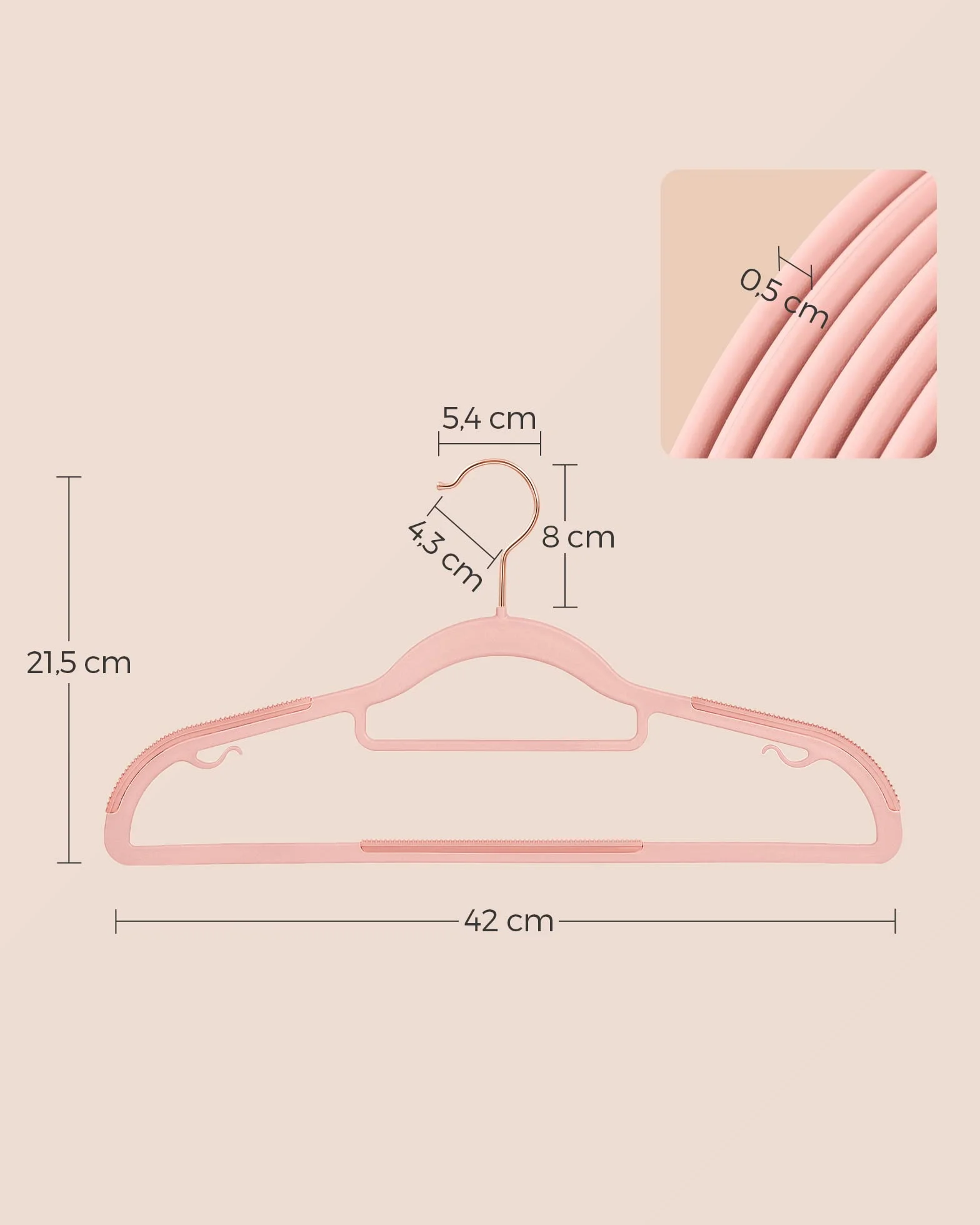 SONGMICS Wieszak na ubrania z tworzywa sztucznego 30 sztuk antypoślizgowy 0,5 cm 42 cm hak obracany 360° różowe złoto
