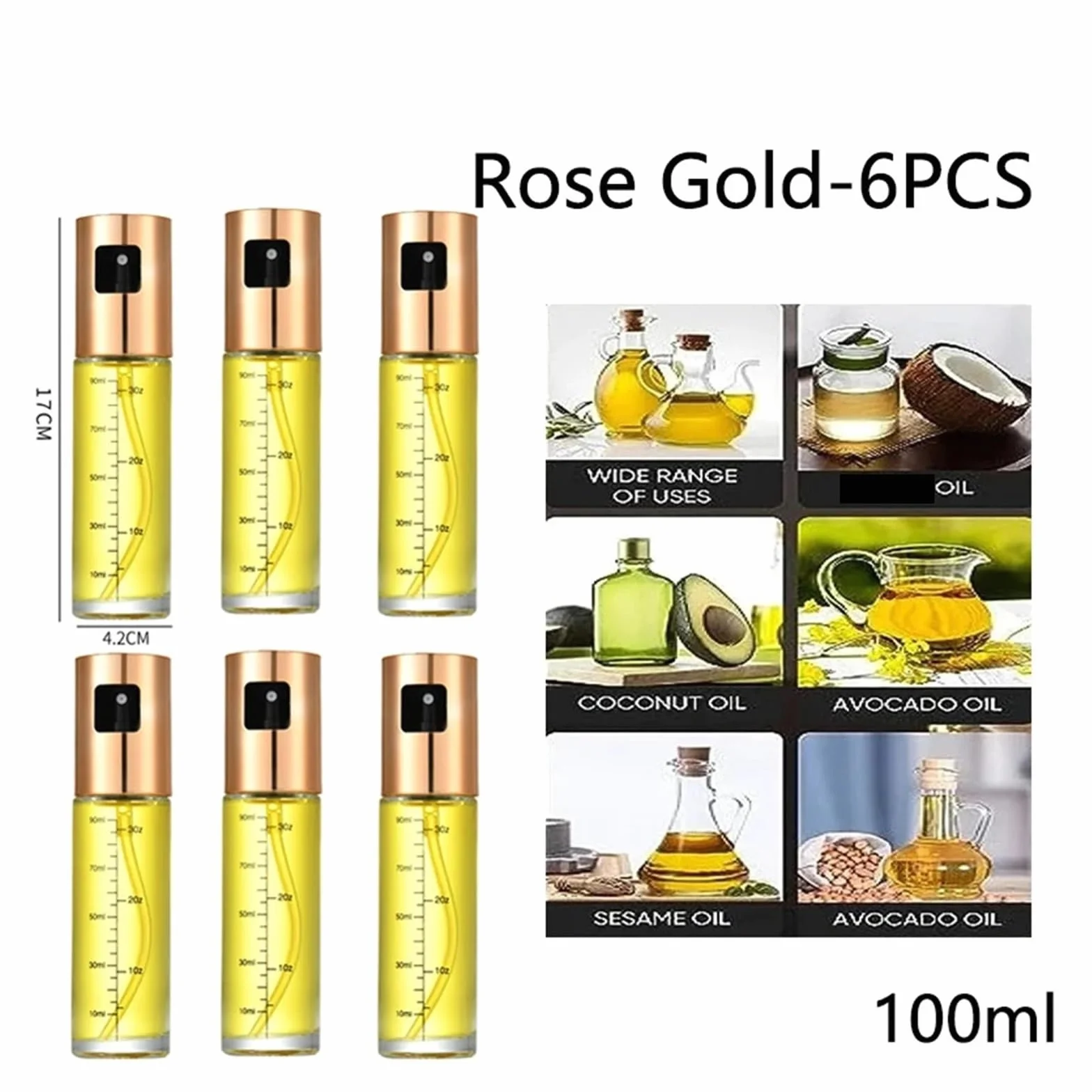 Dozownik oleju, Szklany Rozpylacz Oleju Do Gotowania Spray Mister Sałatek BBQ Pieczenie W Kuchni Pusta Butelka Octu do frytkownicy(Rose Gold-6PCS)