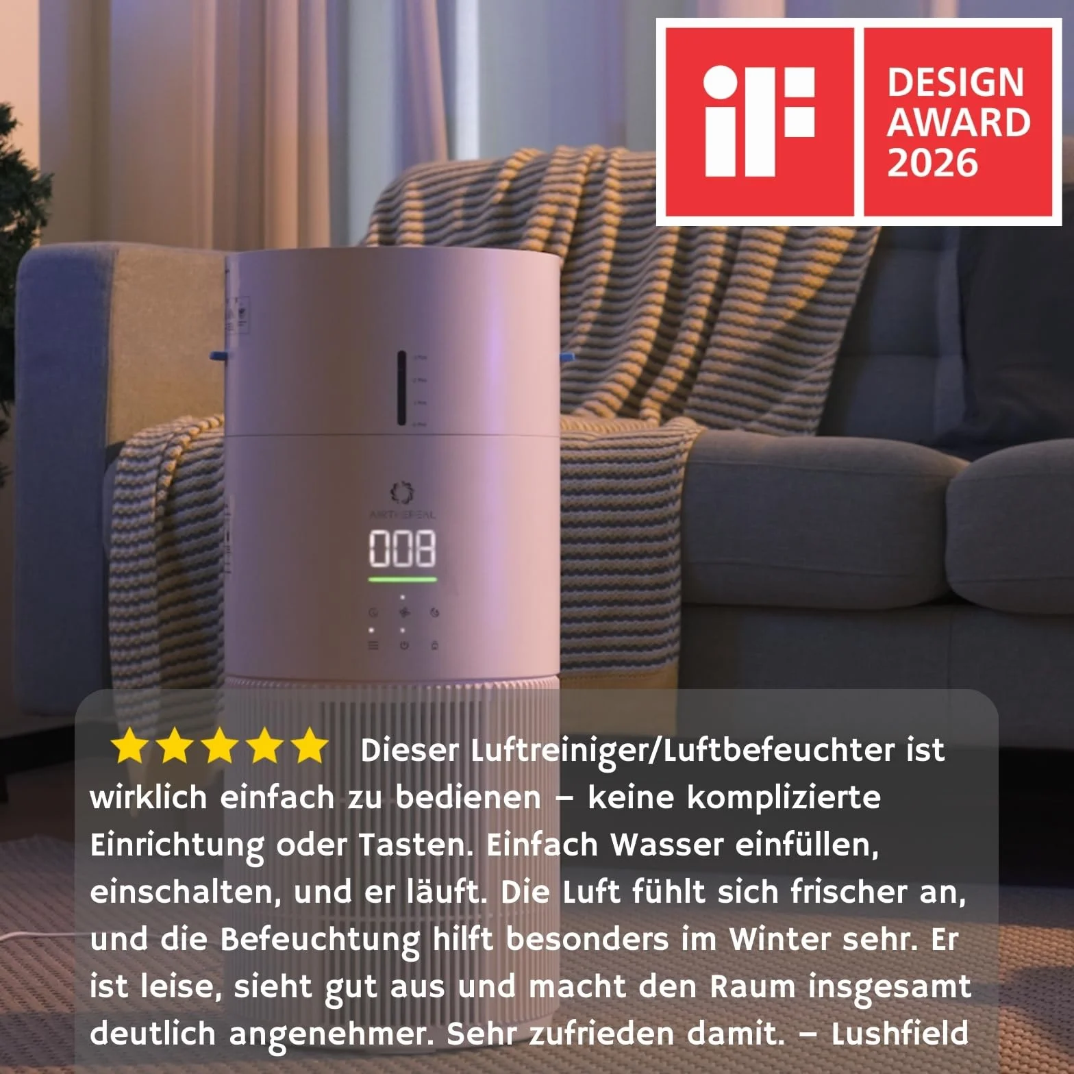 Airthereal Oczyszczacz i nawilżacz powietrza 2 w 1 do 125 m², 3-stopniowy filtr, monitor jakości powietrza, tryb cichego snu, nawilżacz z automatycznym monitorem wilgotności, AEH300