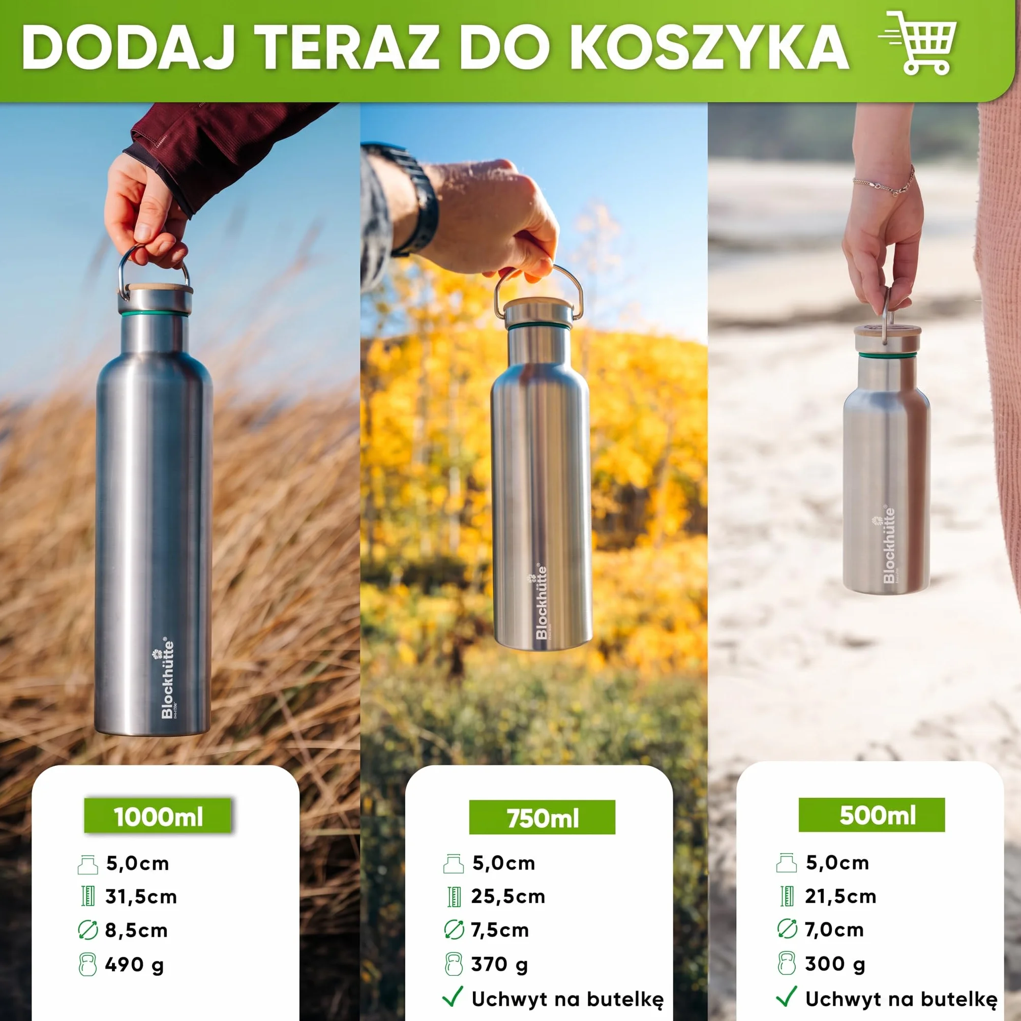 Blockhütte. Butelka na napoje, ze stali nierdzewnej, premium, izolowana, 1 l, z ekologiczną szczotką do czyszczenia butelki, zabezpieczona przed wyciekiem, nadaje się do zmywarki, do biura, bez bisfenolu A
