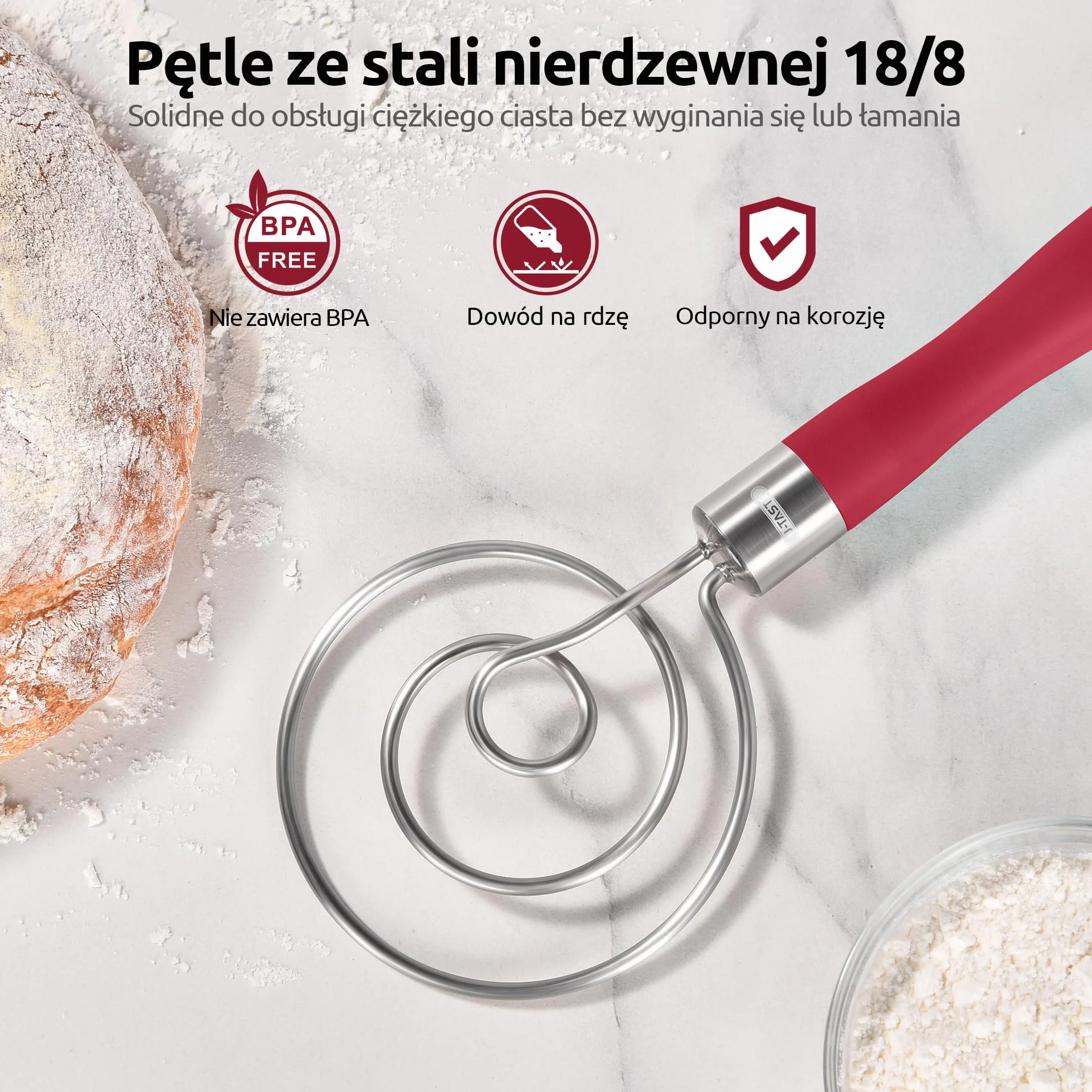 U-Taste Duńska trzepaczka do ciasta: trzepaczka do ciasta ze stali nierdzewnej 18/8, ręczna maszyna do pieczenia chleba o jakości spożywczej z antypoślizgowym silikonowym uchwytem do pieczenia
