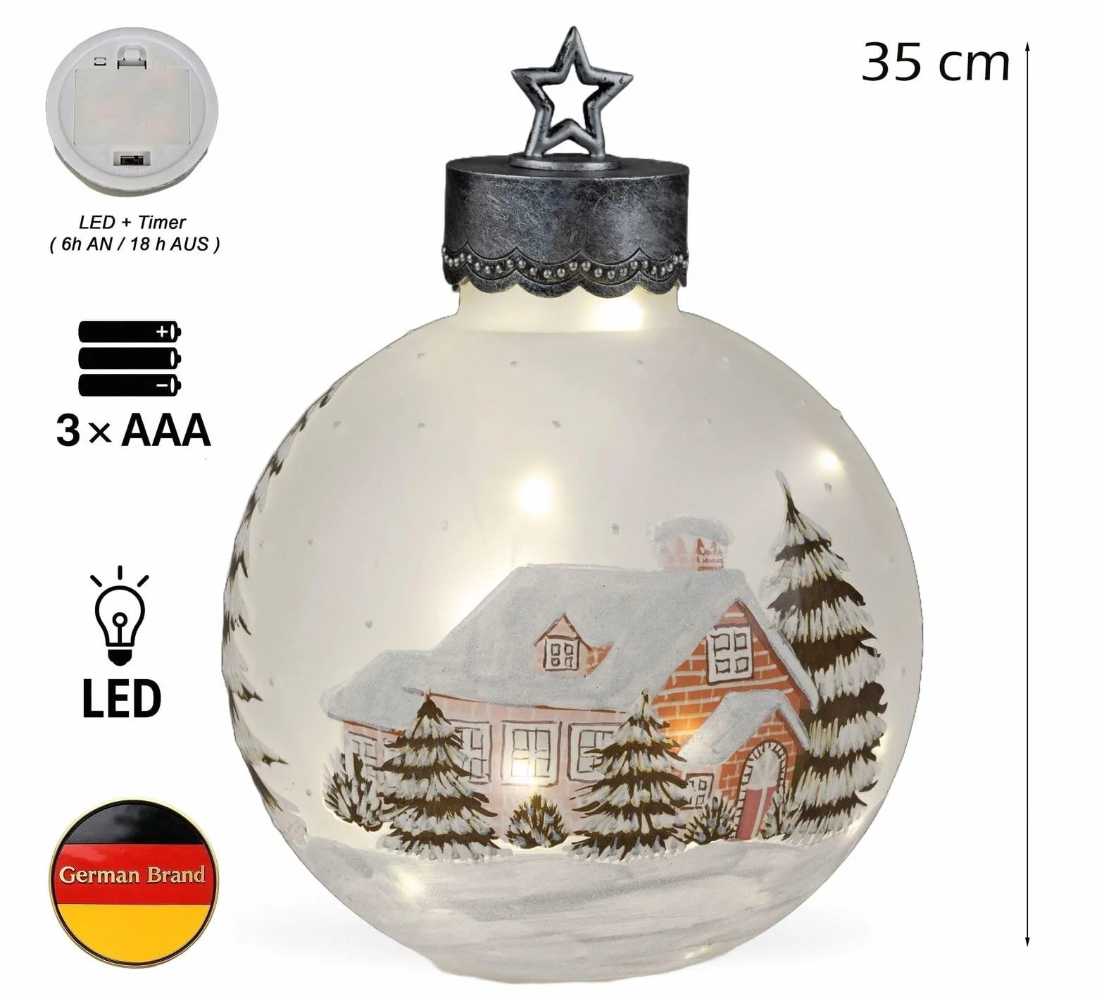 formano Dekoracyjna kula LED XXL, 35 cm, dekoracja zimowa, szklana kula z timerem, 6 h/18 h, podświetlana – w zestawie 3 baterie AAA – jesienno-zimowa dekoracja bożonarodzeniowa na stół, regał