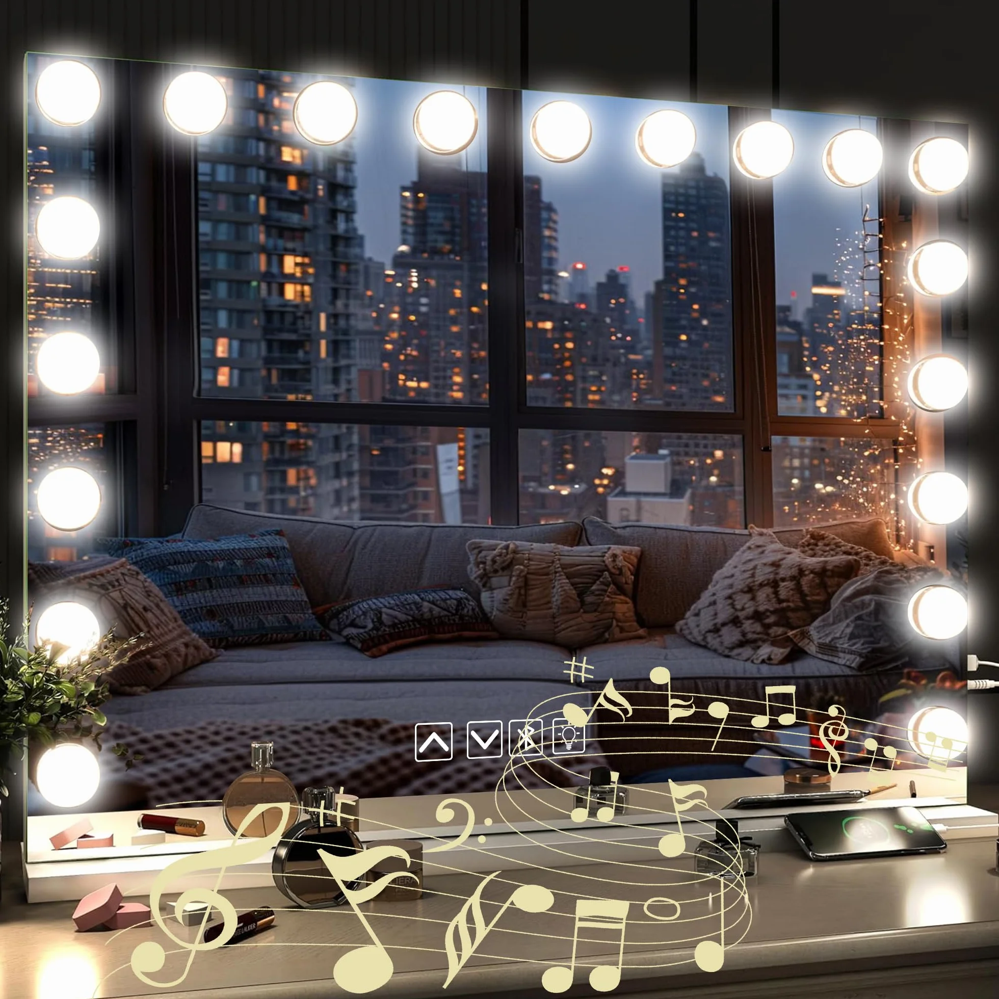 Lustro Hollywood 80 x 60 cm Z Bluetooth Z 19 lampkami LED, lustro do makijażu z wyjściem USB i 5-krotnym powiększeniem, lustro kosmetyczne Bluetooth, 3 temperatury barw światła, ekran dotykowy