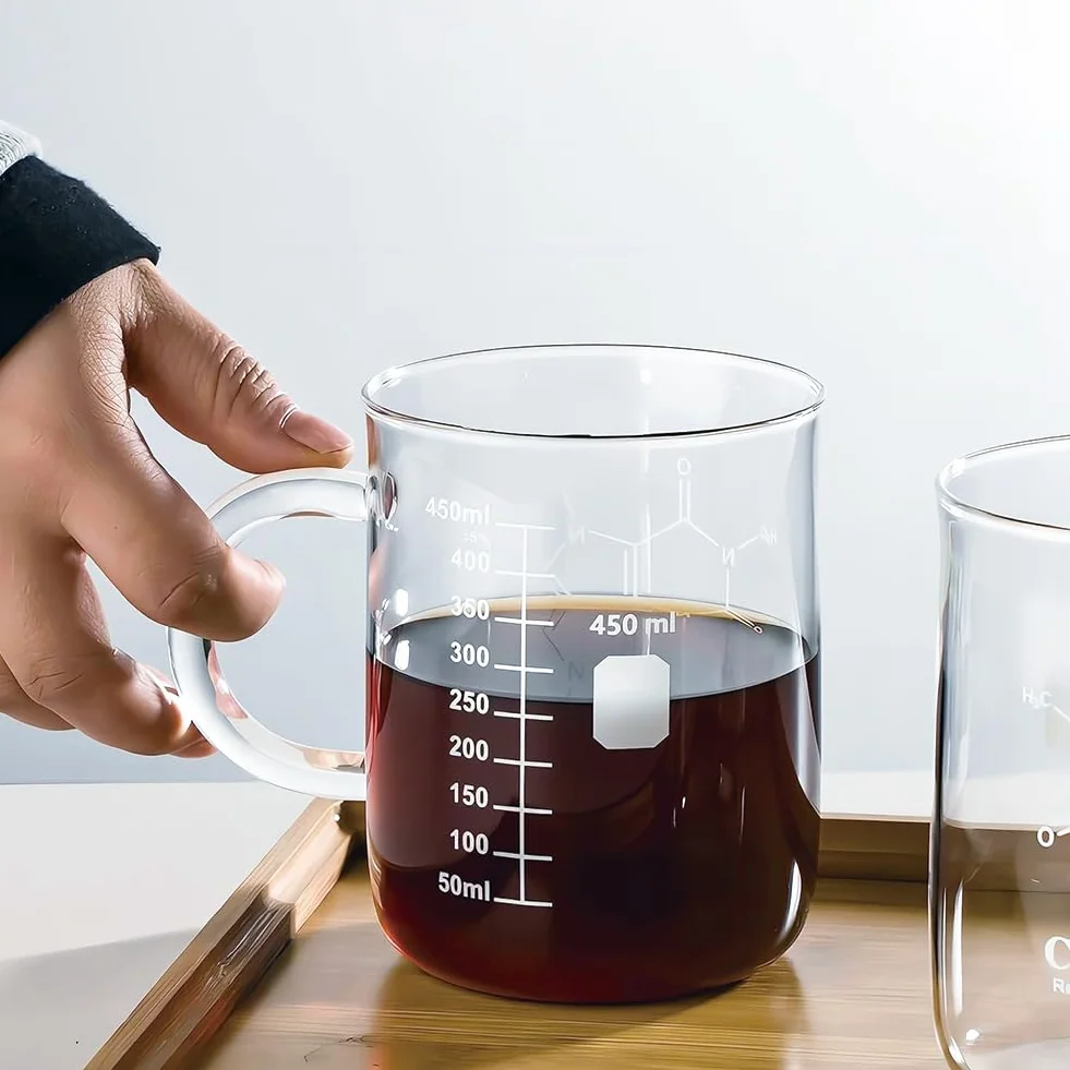 Kubek z kofeiną, kubek z kofeiną, naukowy kubek chemiczny ze szkła borokrzemianowego z uchwytem z podziałką i wylewką do soku z mleka Mocha Latte Cappuccino