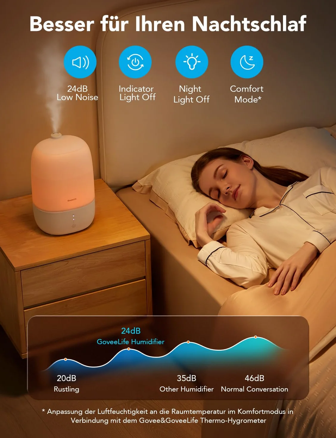 GoveeLife Top-Fill Air Smartnawilżacz do sypialni, 3 l, ultradźwiękowy dyfuzor powietrza z zapachem i światłem nocnym do 25 h, 24 dB, cichy